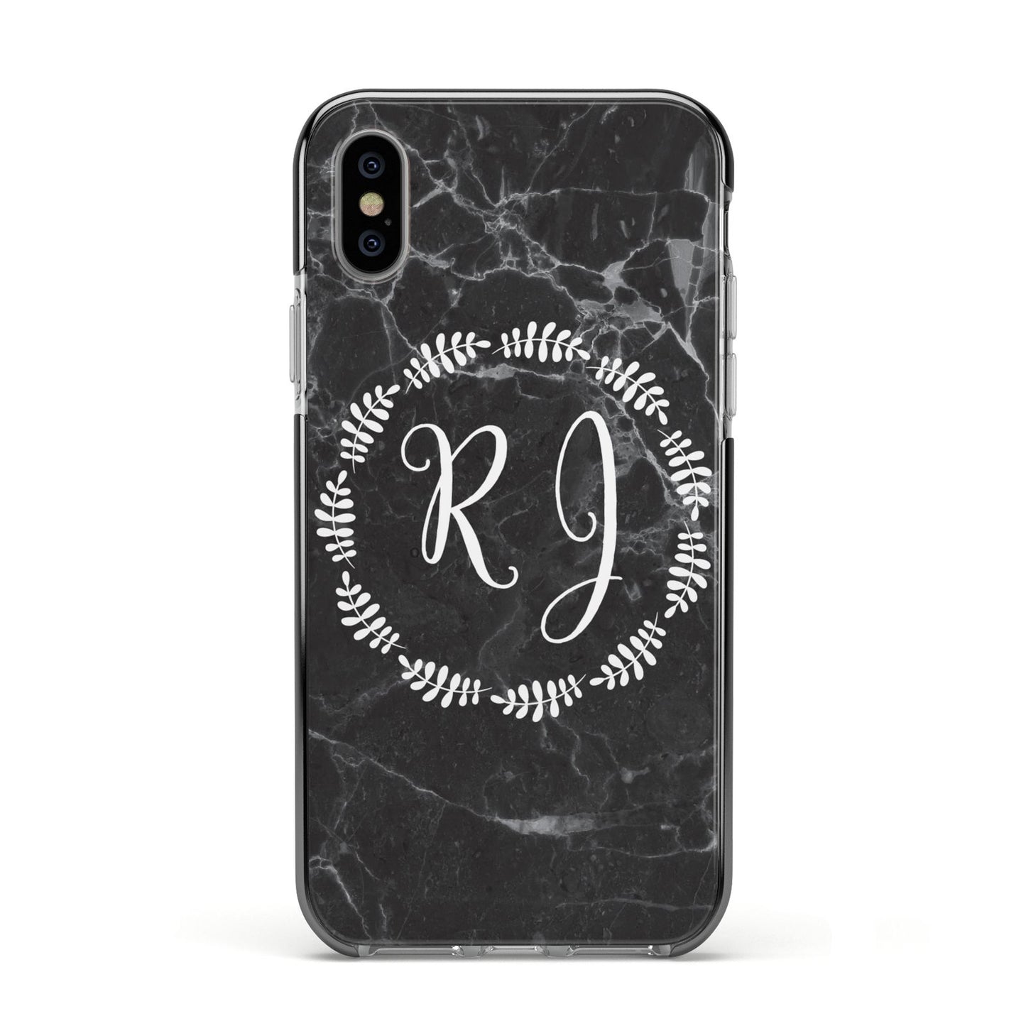 Marble Personalised Initials Apple iPhone Xs Impact Case Black Edge on Silver Phone