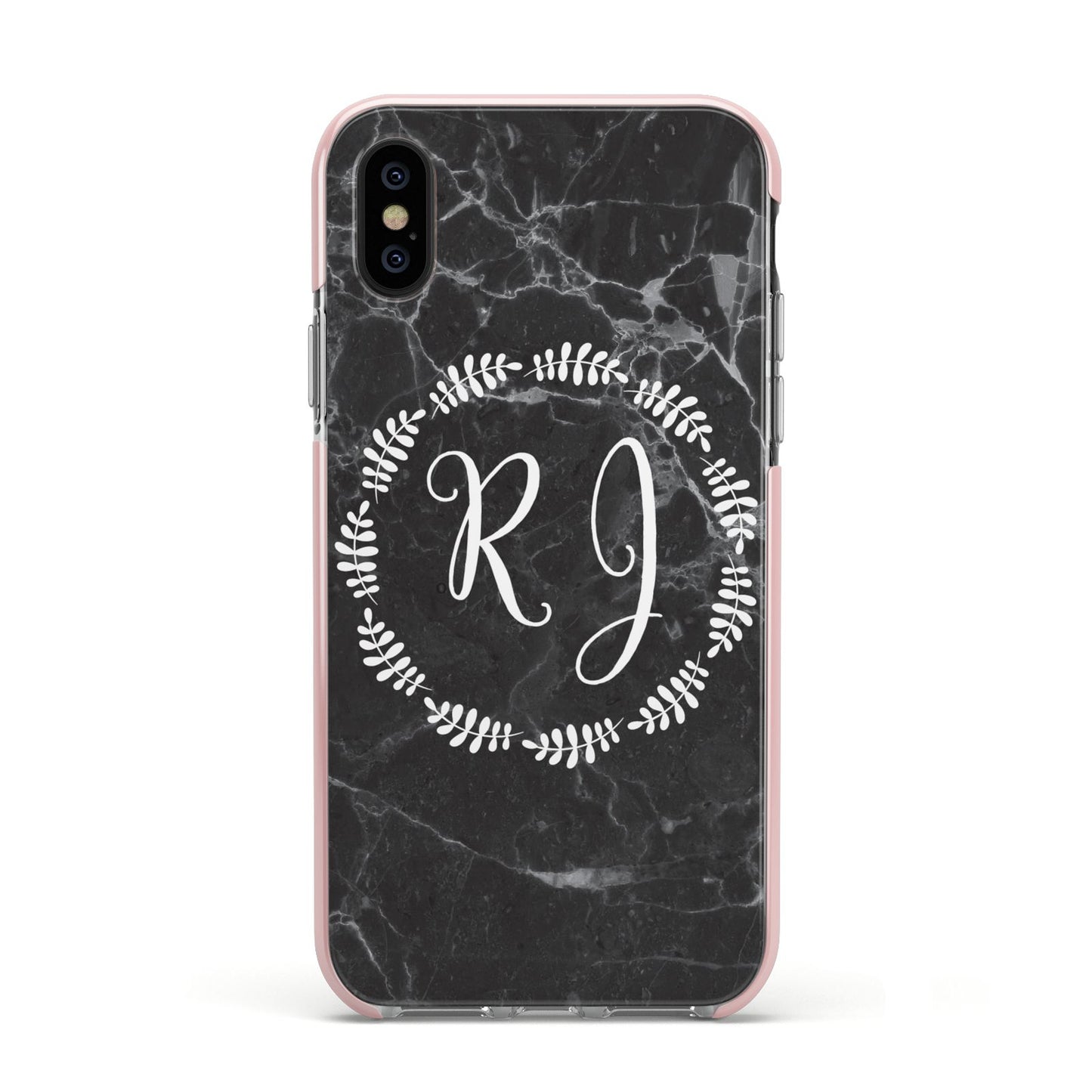 Marble Personalised Initials Apple iPhone Xs Impact Case Pink Edge on Black Phone