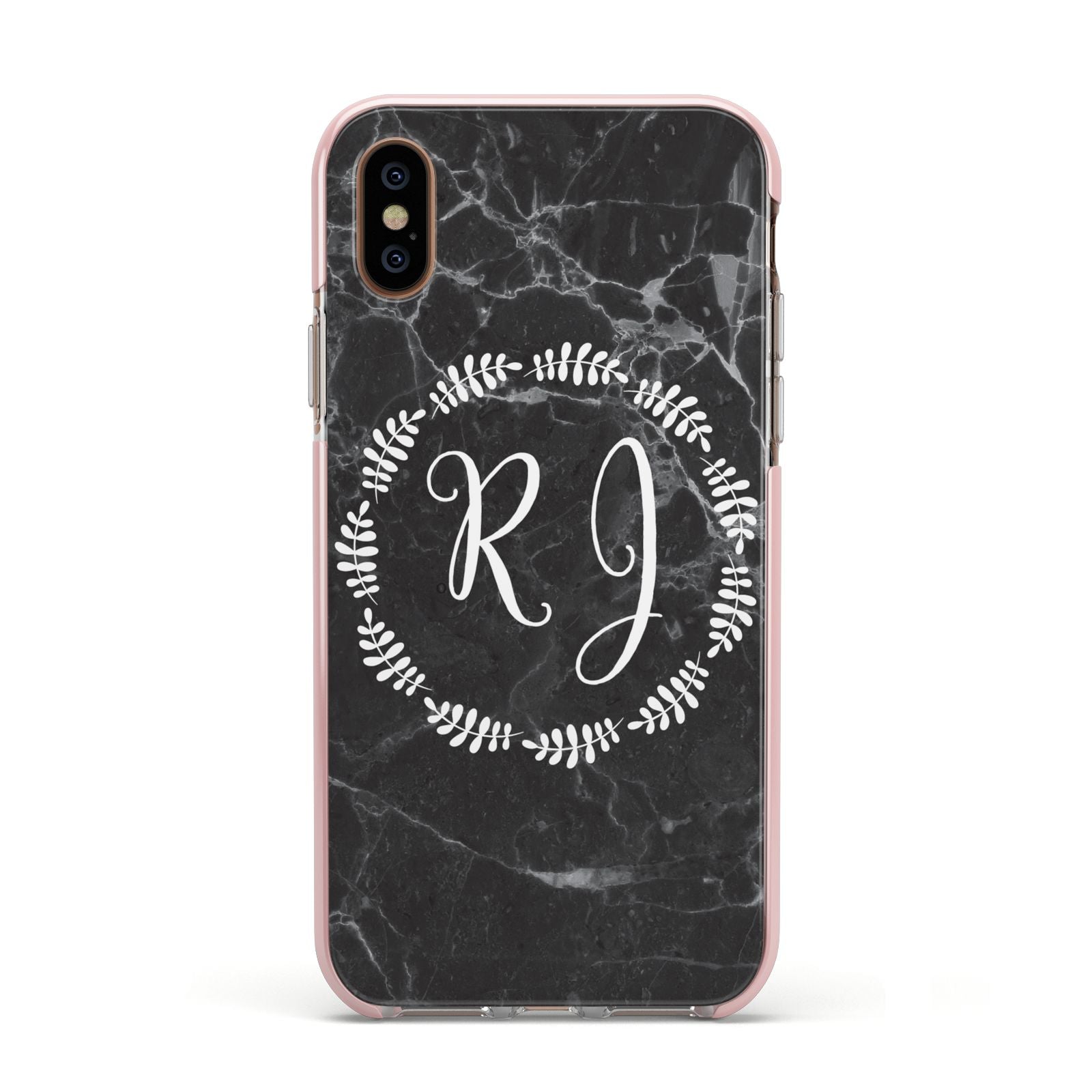 Marble Personalised Initials Apple iPhone Xs Impact Case Pink Edge on Gold Phone