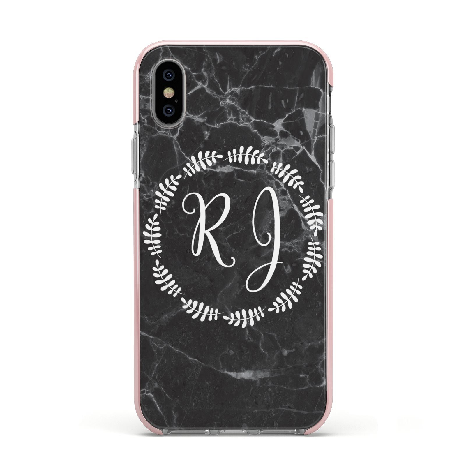 Marble Personalised Initials Apple iPhone Xs Impact Case Pink Edge on Silver Phone