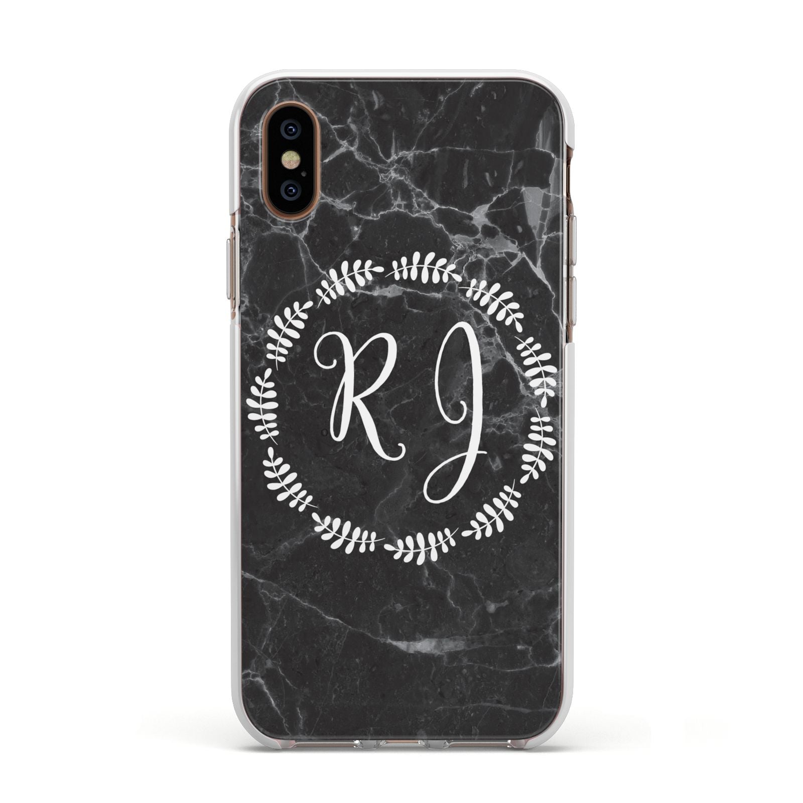 Marble Personalised Initials Apple iPhone Xs Impact Case White Edge on Gold Phone