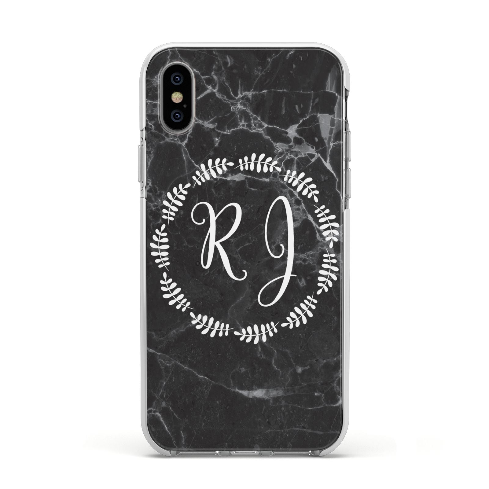 Marble Personalised Initials Apple iPhone Xs Impact Case White Edge on Silver Phone