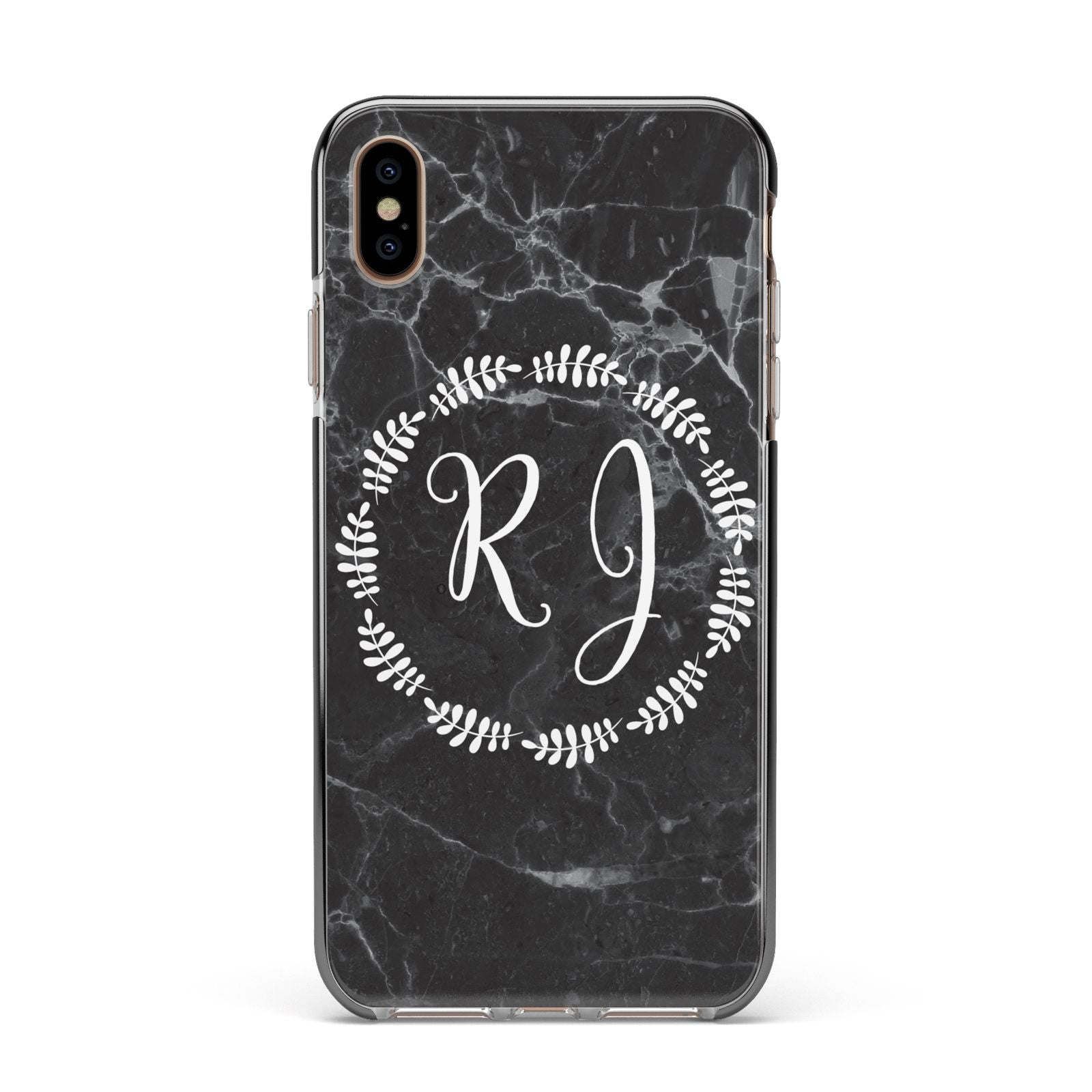 Marble Personalised Initials Apple iPhone Xs Max Impact Case Black Edge on Gold Phone