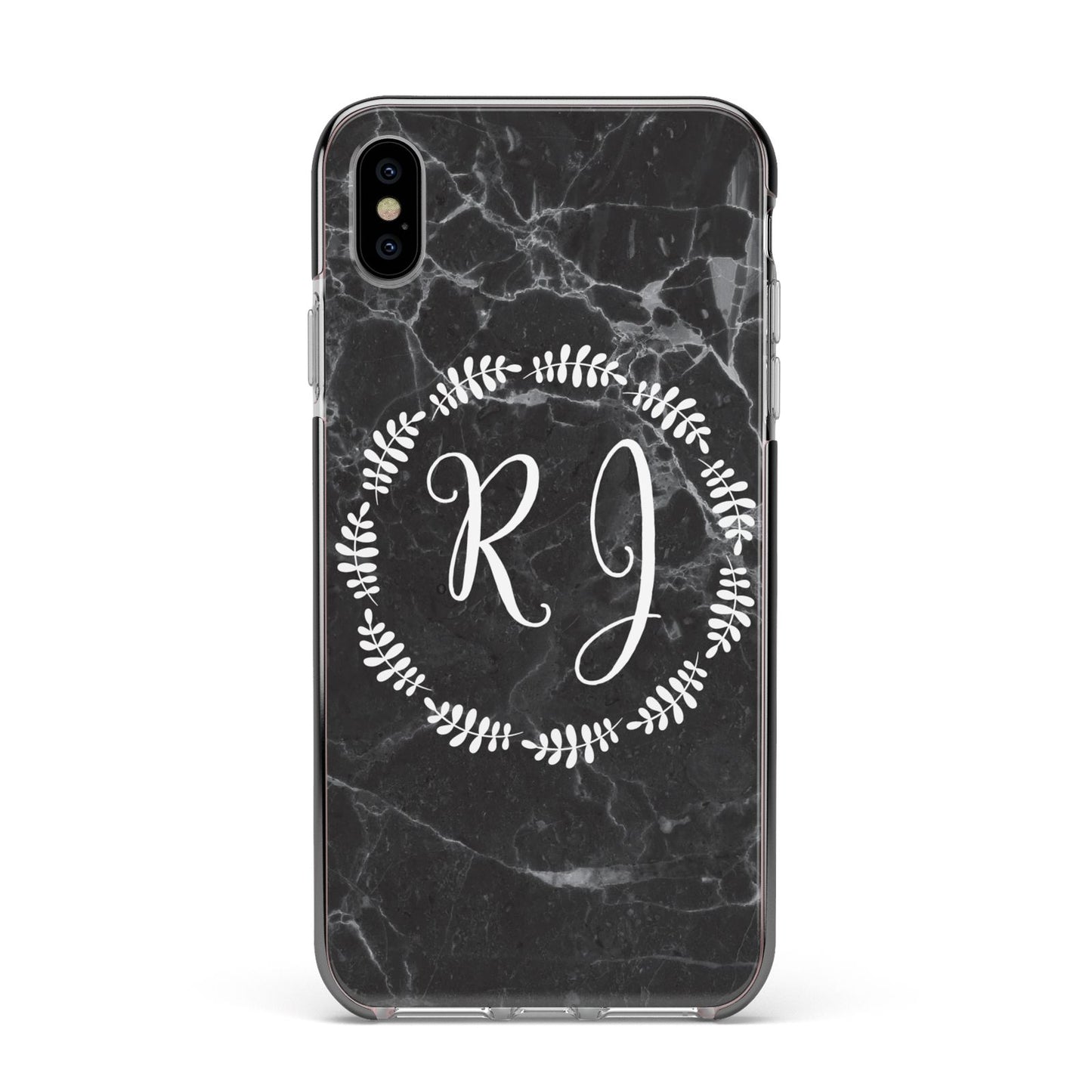 Marble Personalised Initials Apple iPhone Xs Max Impact Case Black Edge on Silver Phone