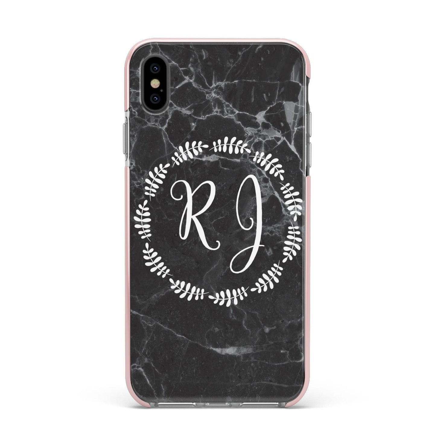 Marble Personalised Initials Apple iPhone Xs Max Impact Case Pink Edge on Black Phone
