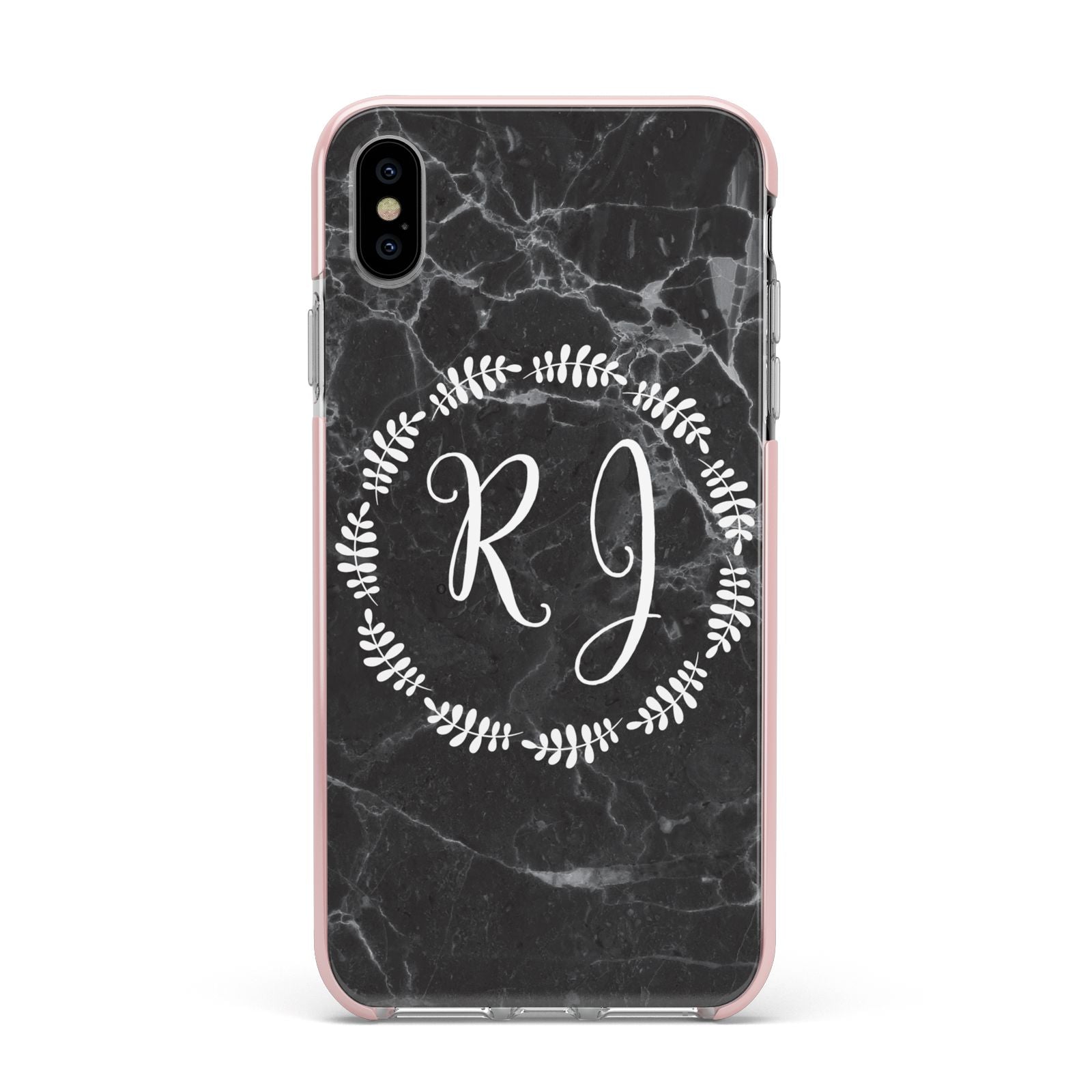 Marble Personalised Initials Apple iPhone Xs Max Impact Case Pink Edge on Silver Phone