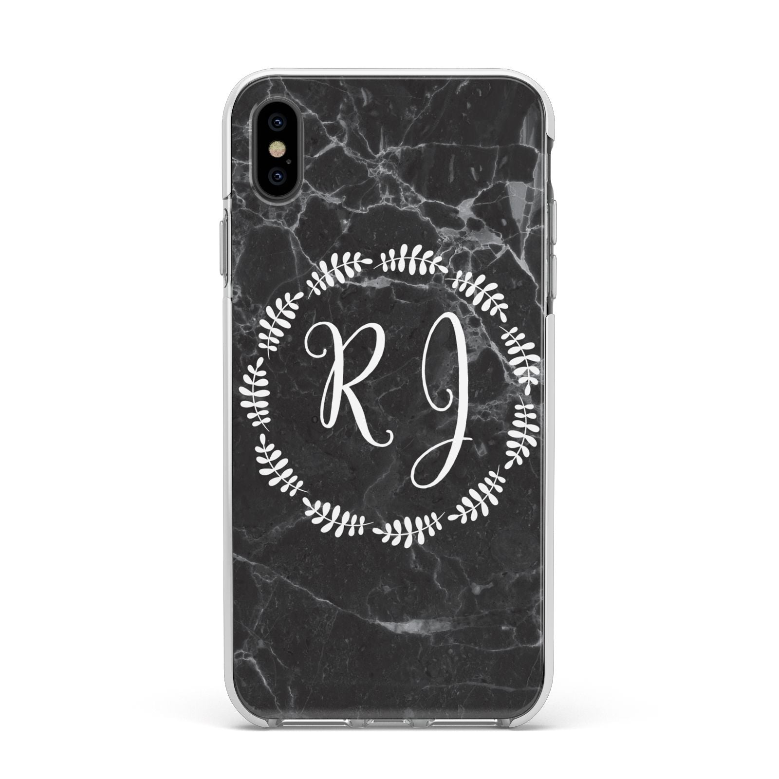 Marble Personalised Initials Apple iPhone Xs Max Impact Case White Edge on Black Phone