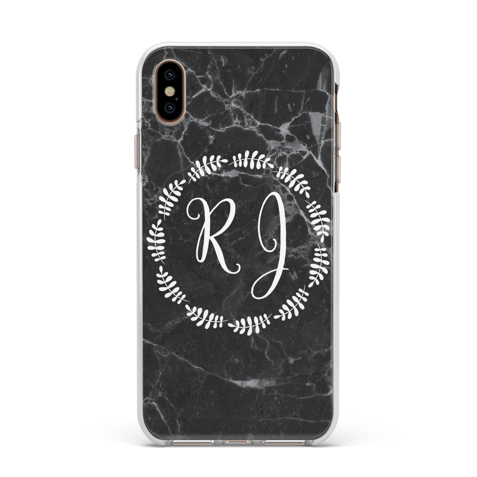 Marble Personalised Initials Apple iPhone Xs Max Impact Case White Edge on Gold Phone