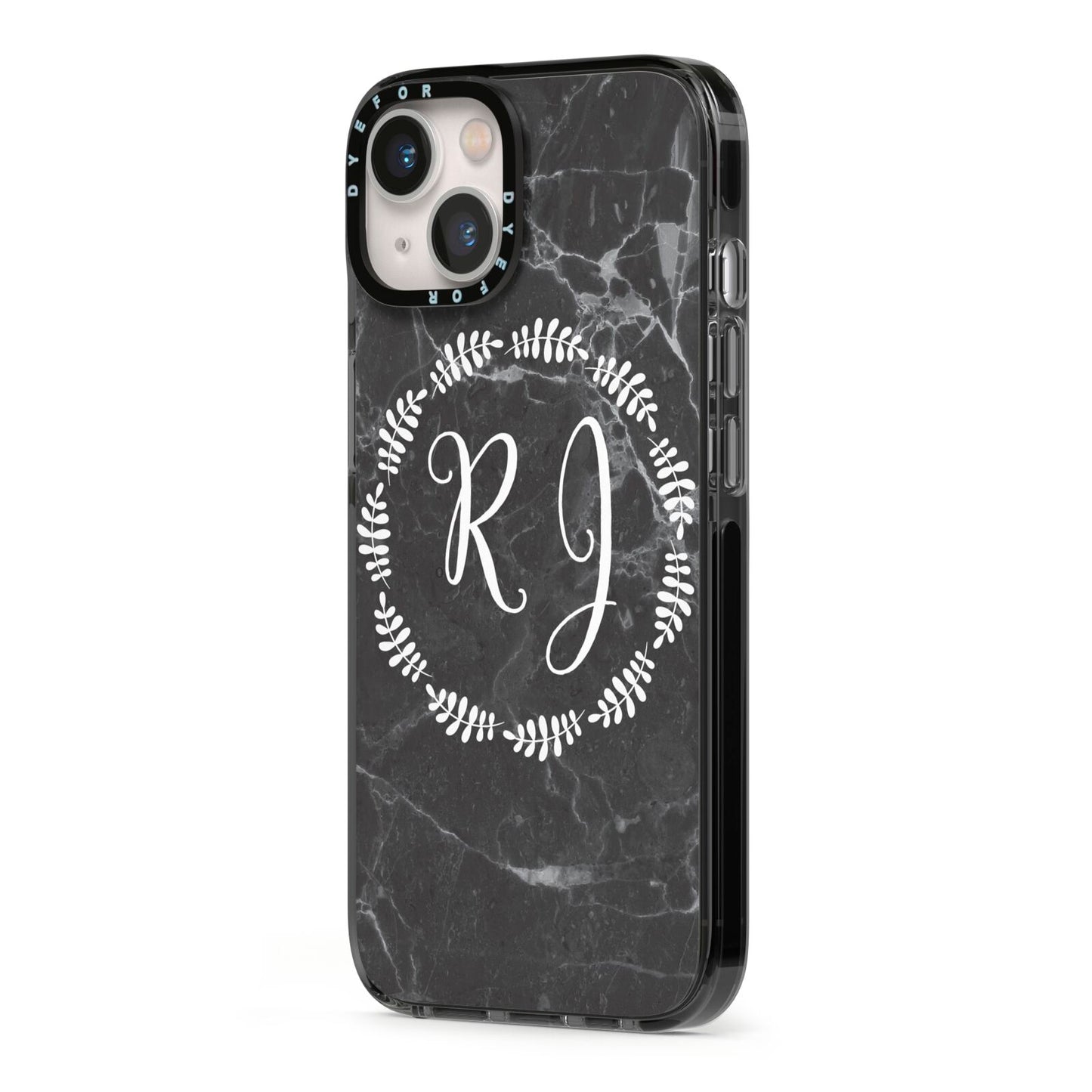 Marble Personalised Initials iPhone 13 Black Impact Case Side Angle on Silver phone