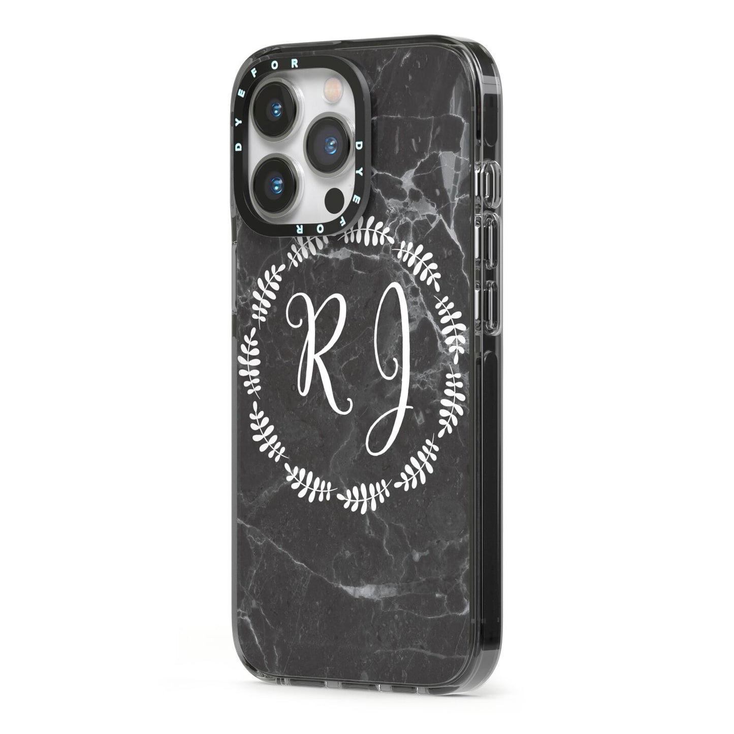 Marble Personalised Initials iPhone 13 Pro Black Impact Case Side Angle on Silver phone