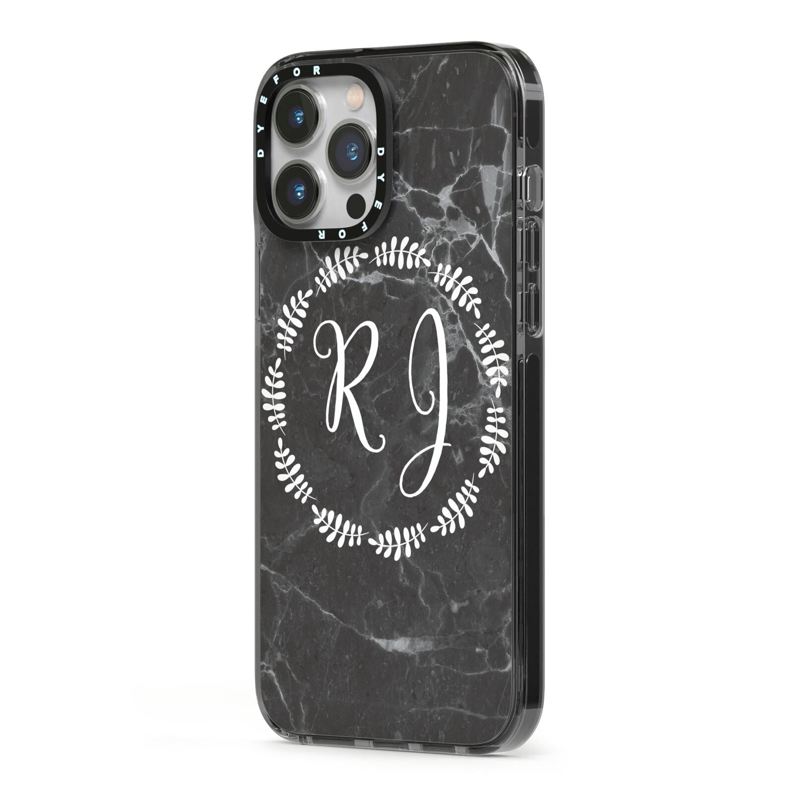 Marble Personalised Initials iPhone 13 Pro Max Black Impact Case Side Angle on Silver phone