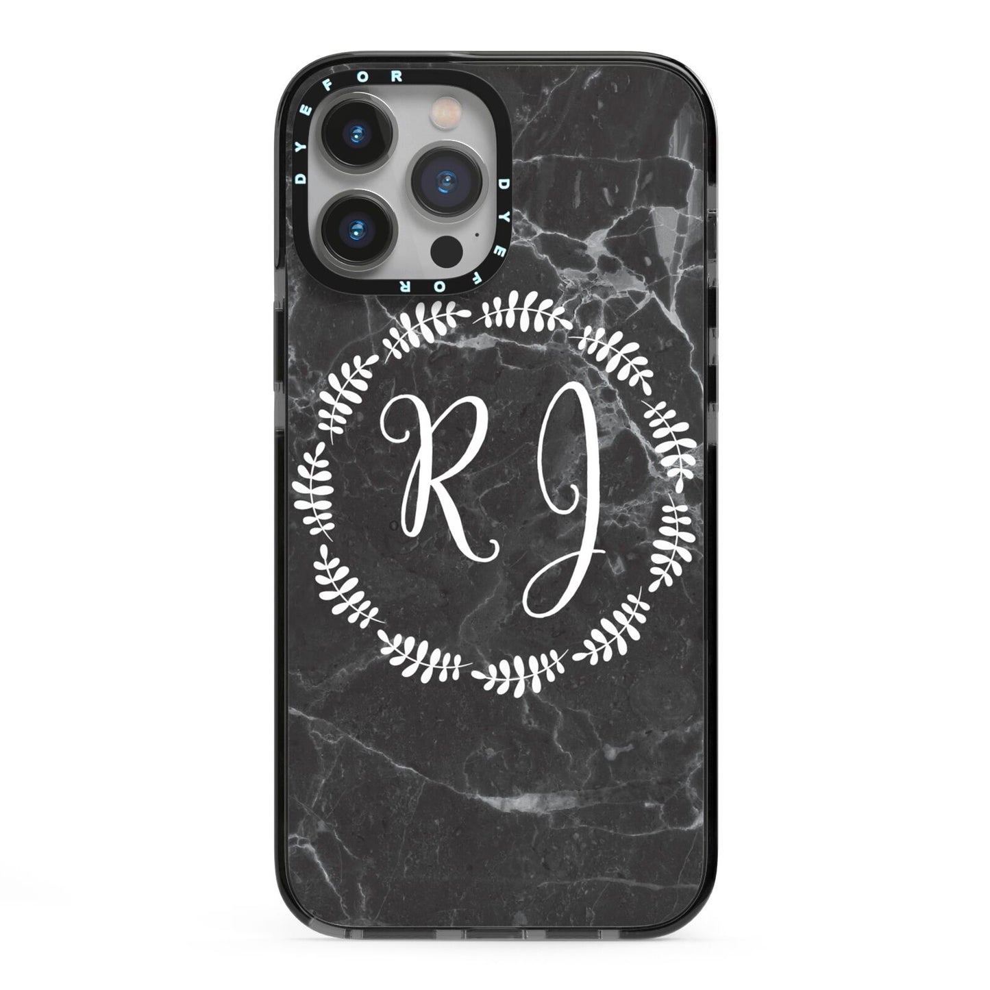 Marble Personalised Initials iPhone 13 Pro Max Black Impact Case on Silver phone