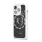 Marble Personalised Initials iPhone 14 Pro Clear Tough Case Silver Angled Image