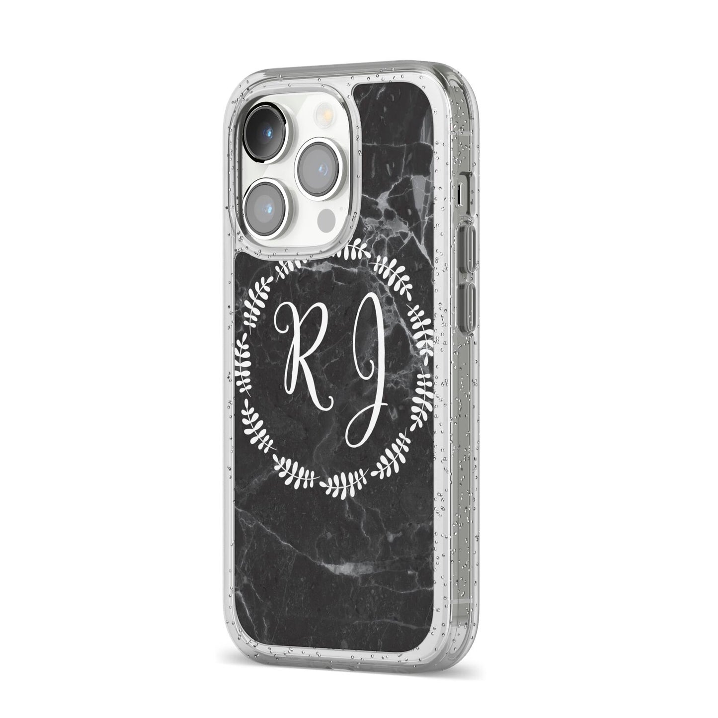 Marble Personalised Initials iPhone 14 Pro Glitter Tough Case Silver Angled Image