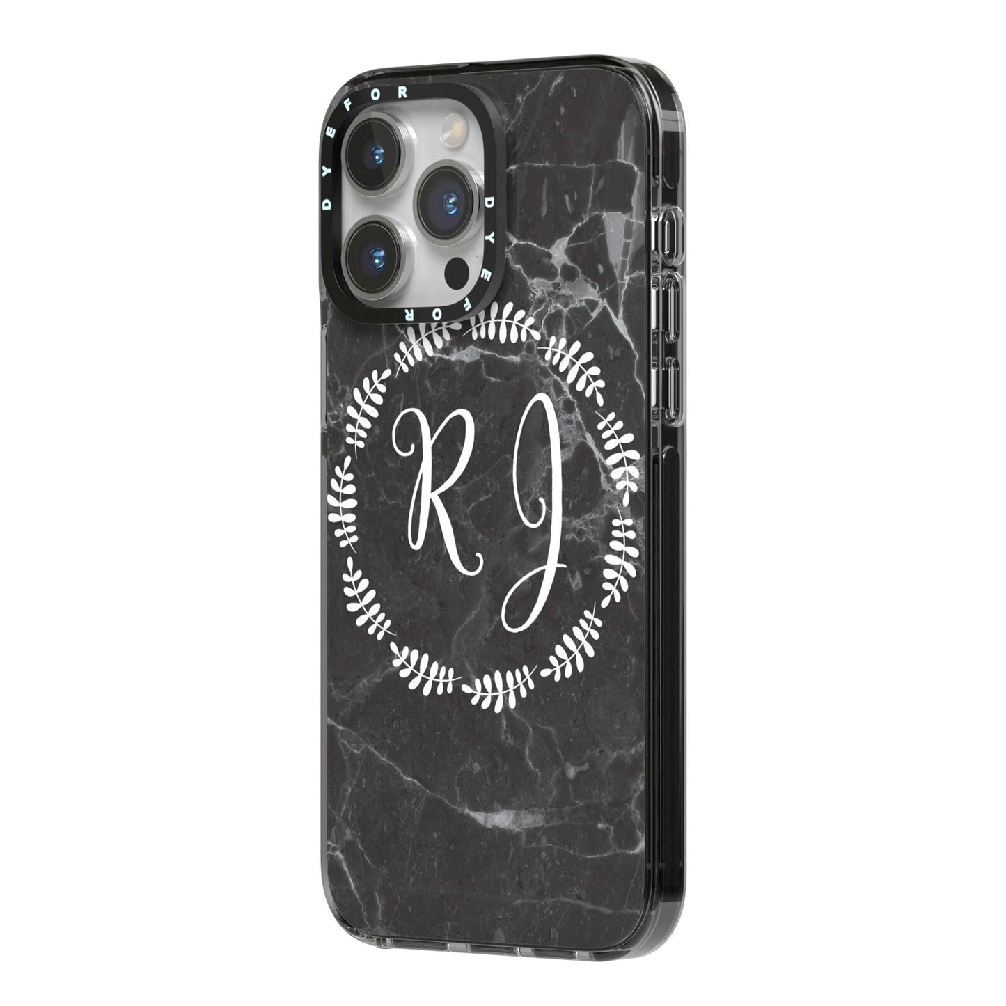 Marble Personalised Initials iPhone 14 Pro Max Black Impact Case Side Angle on Silver phone
