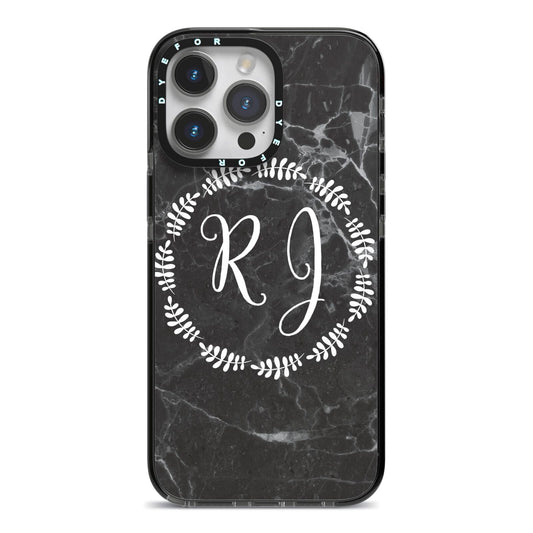 Marble Personalised Initials iPhone 14 Pro Max Black Impact Case on Silver phone