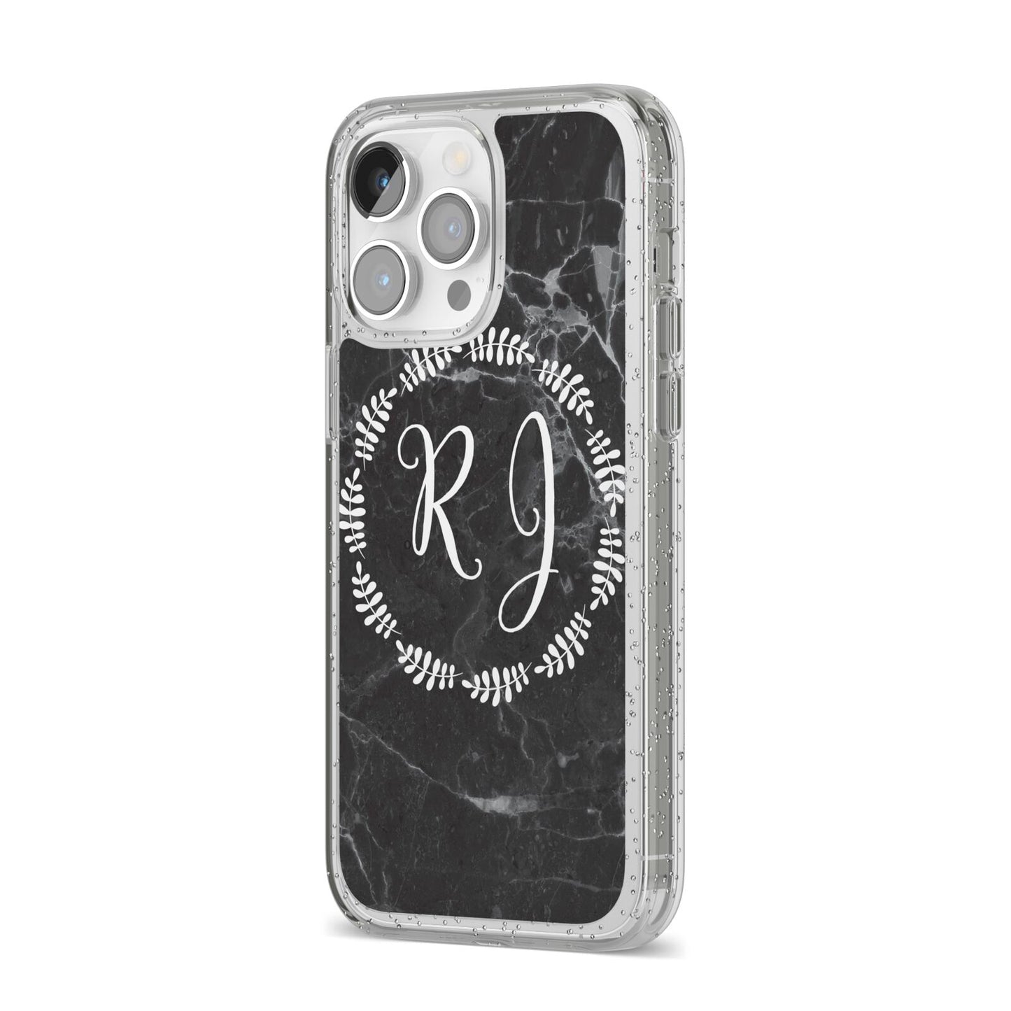 Marble Personalised Initials iPhone 14 Pro Max Glitter Tough Case Silver Angled Image