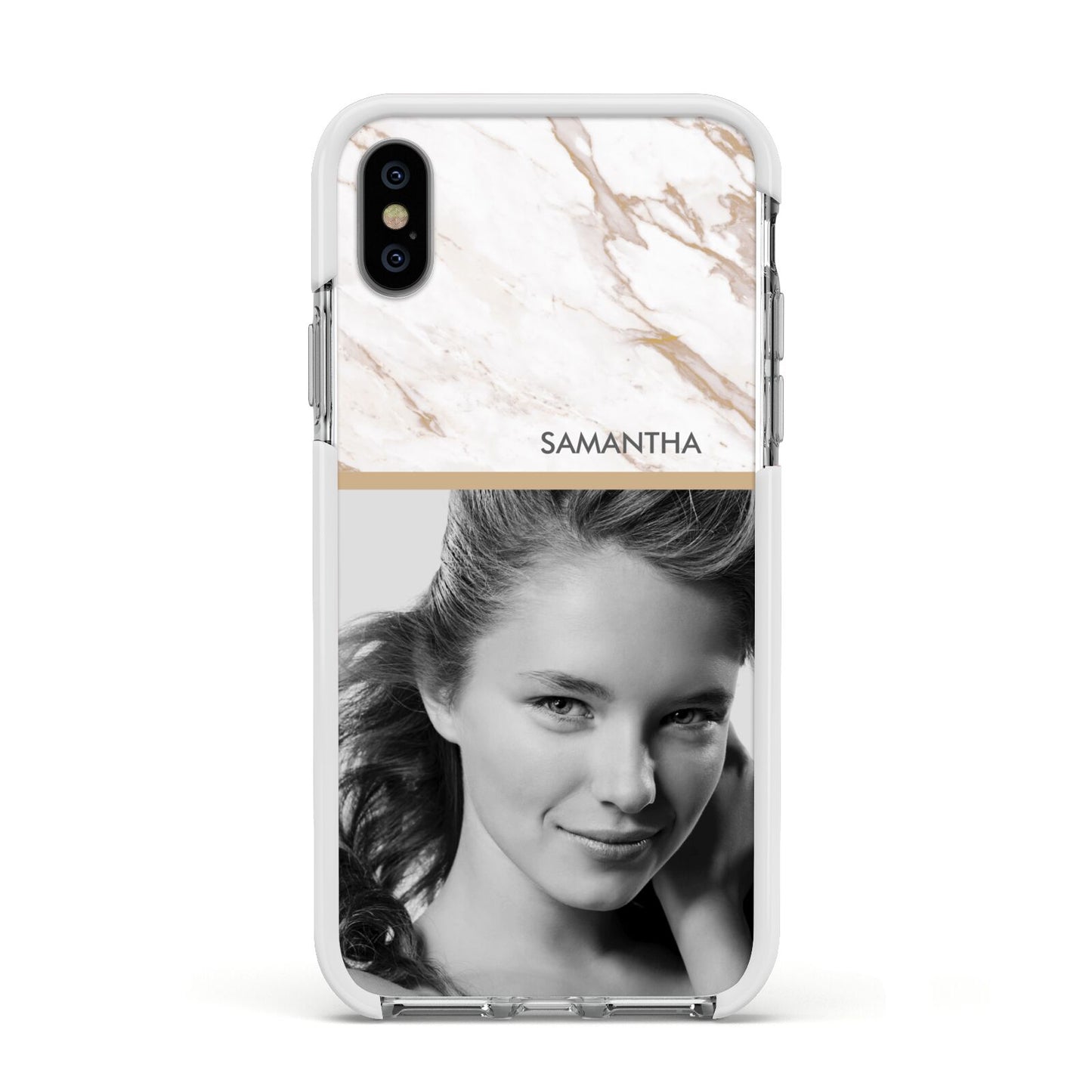 Marble Photo Apple iPhone Xs Impact Case White Edge on Silver Phone