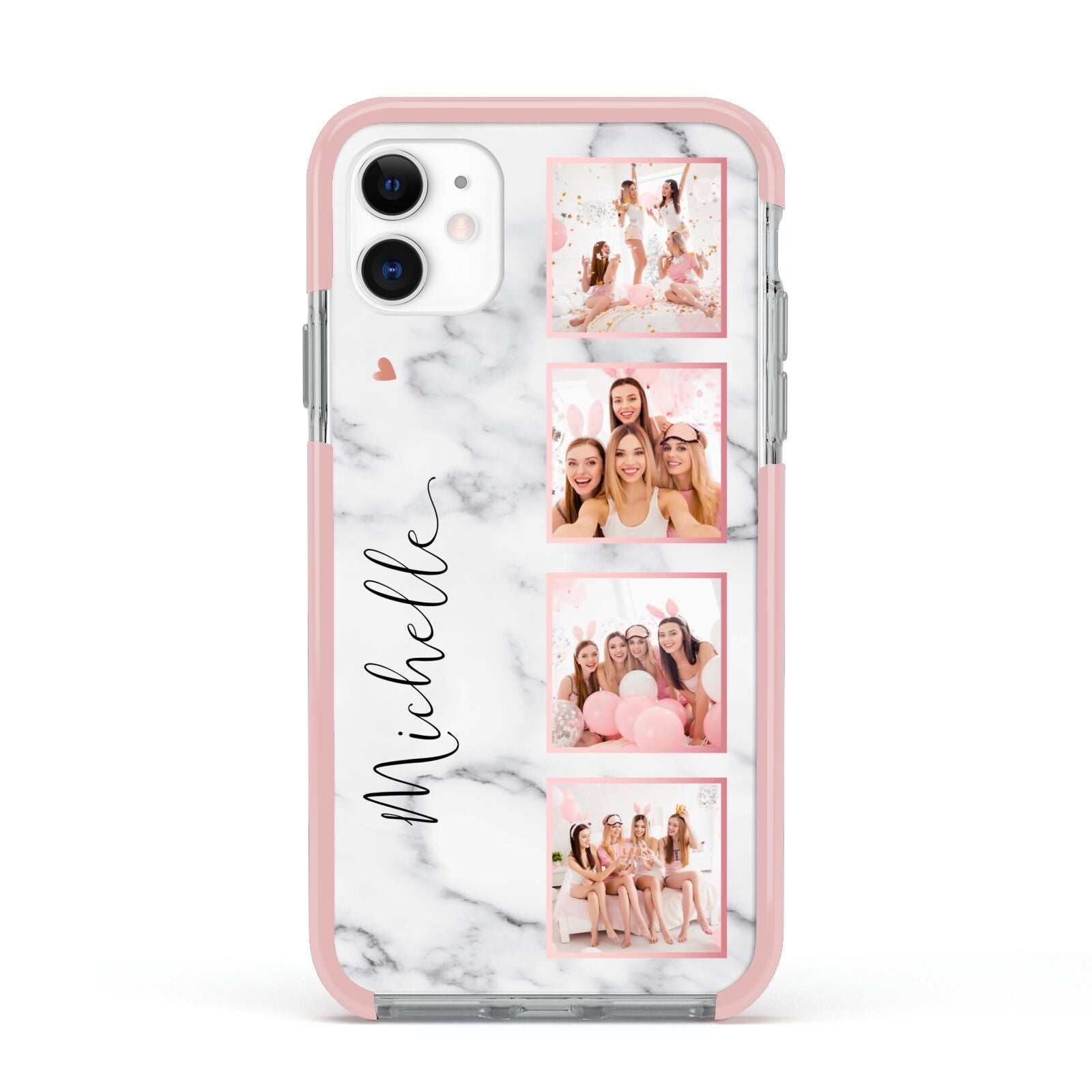 Marble Photo Strip Personalised Apple iPhone 11 in White with Pink Impact Case