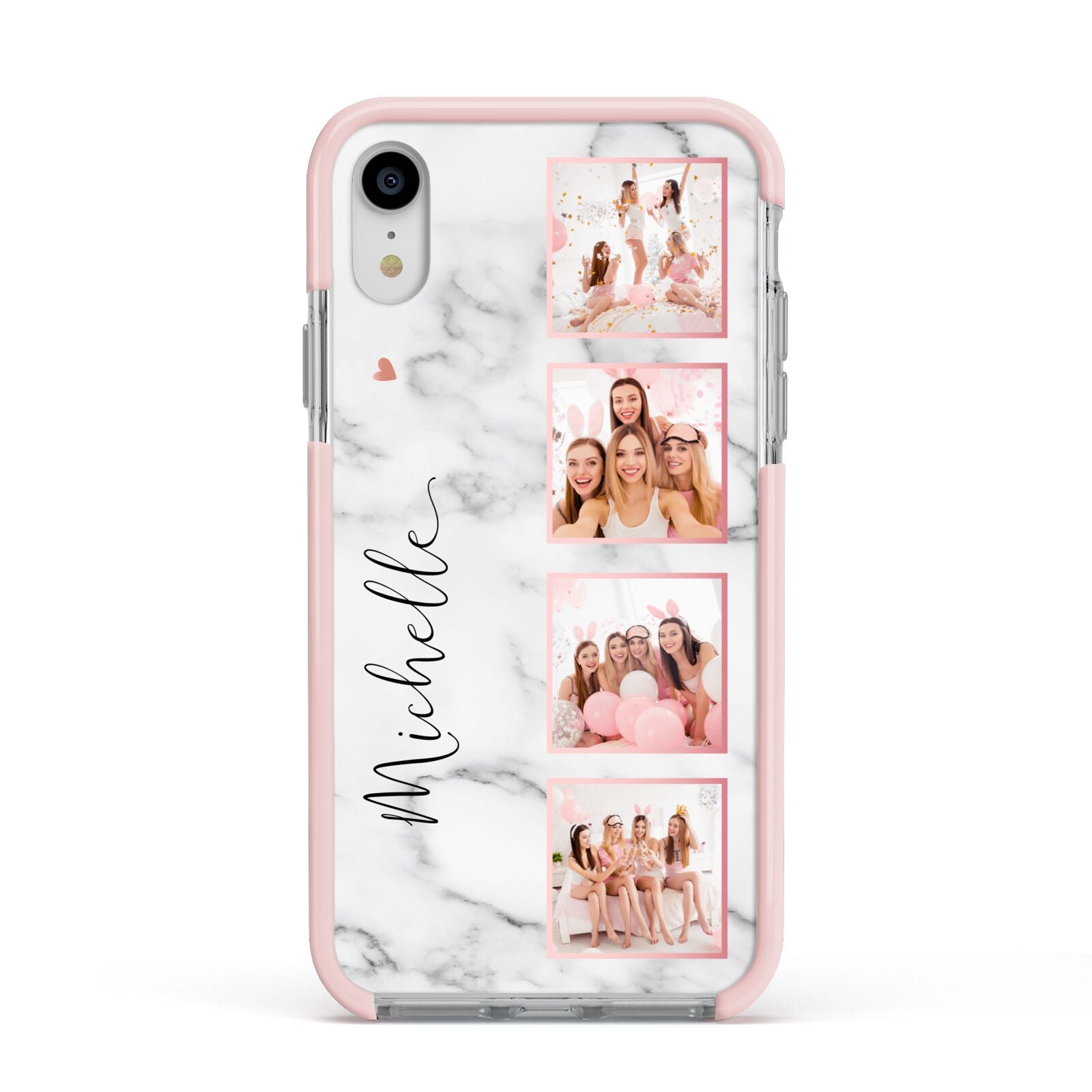 Marble Photo Strip Personalised Apple iPhone XR Impact Case Pink Edge on Silver Phone