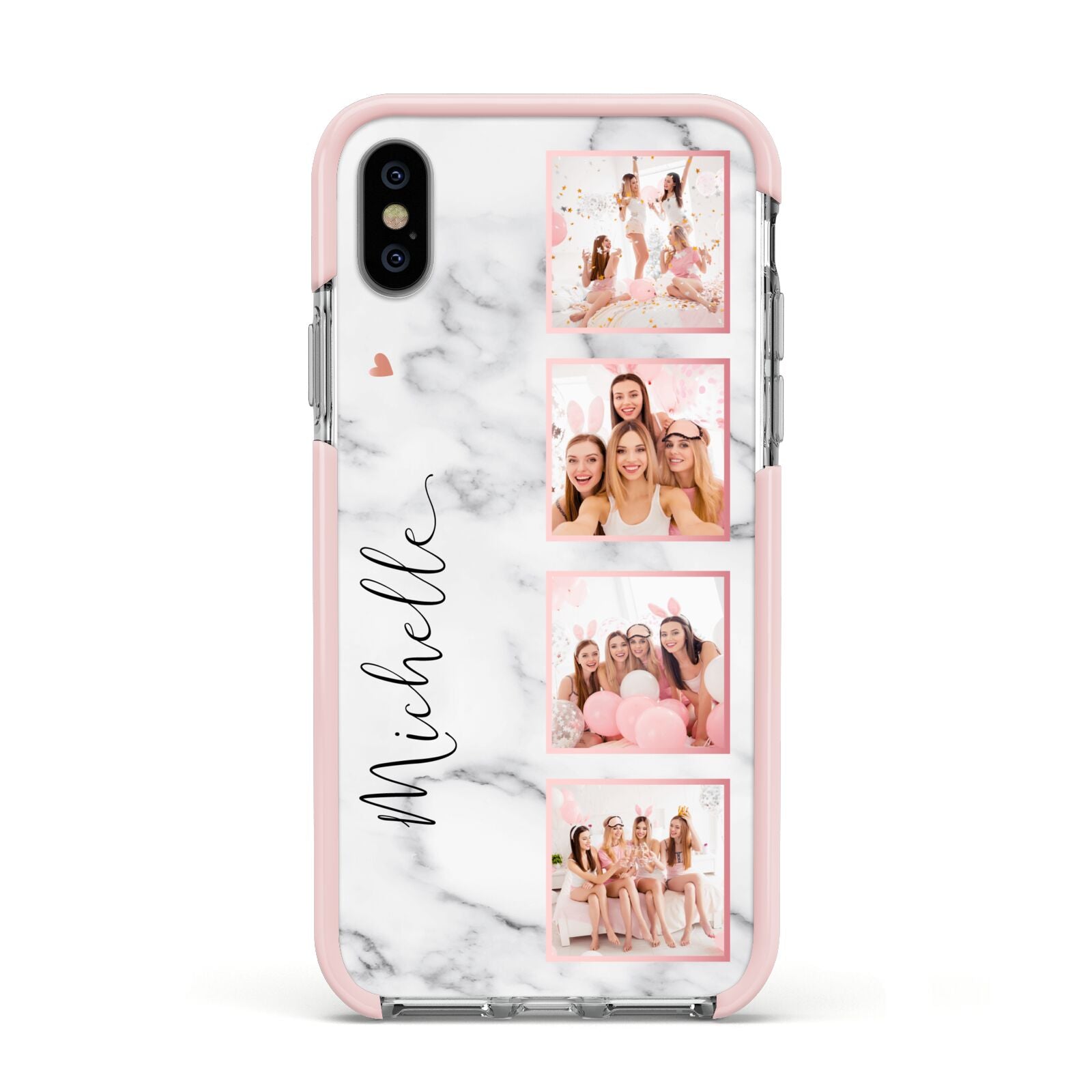 Marble Photo Strip Personalised Apple iPhone Xs Impact Case Pink Edge on Silver Phone