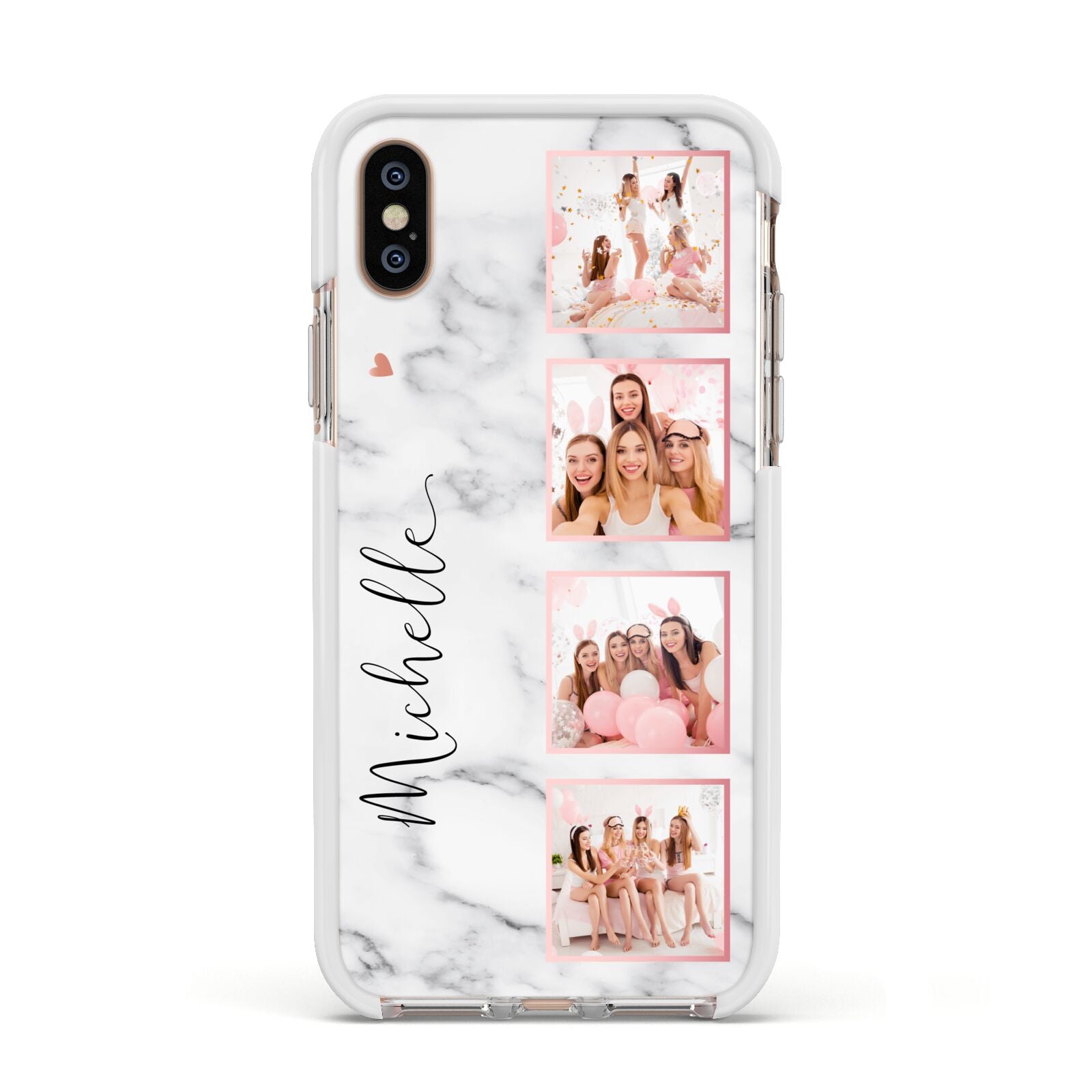 Marble Photo Strip Personalised Apple iPhone Xs Impact Case White Edge on Gold Phone