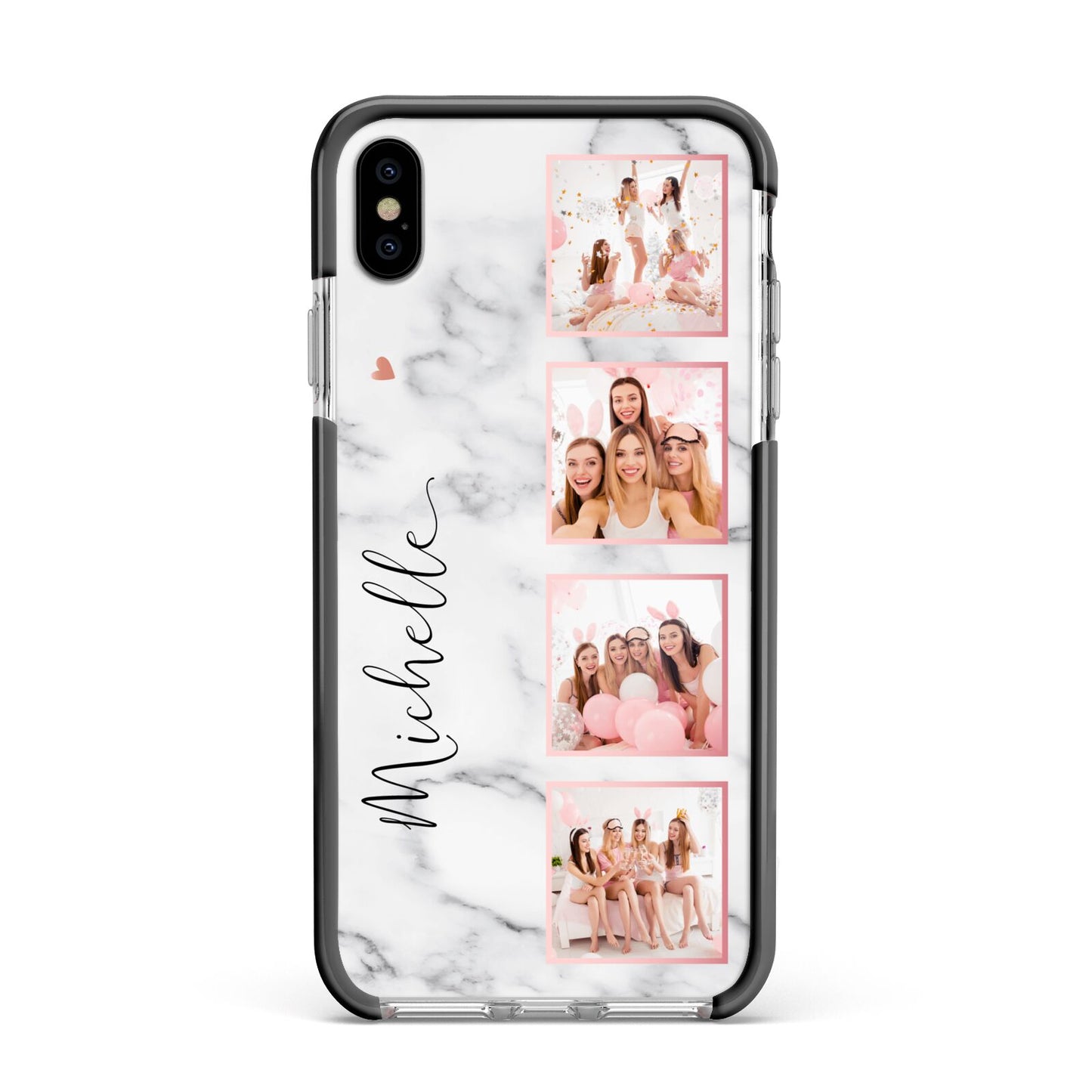 Marble Photo Strip Personalised Apple iPhone Xs Max Impact Case Black Edge on Silver Phone