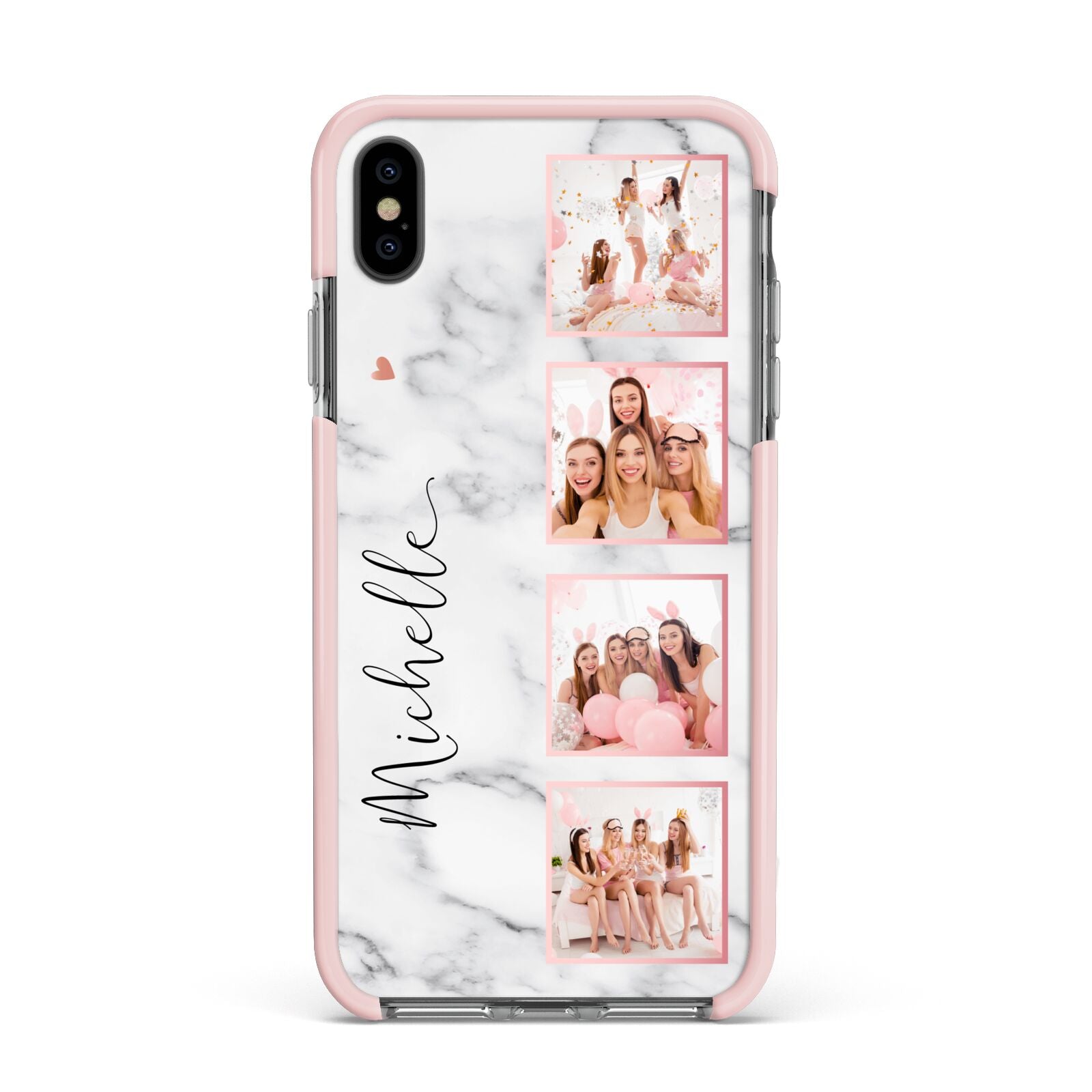 Marble Photo Strip Personalised Apple iPhone Xs Max Impact Case Pink Edge on Black Phone