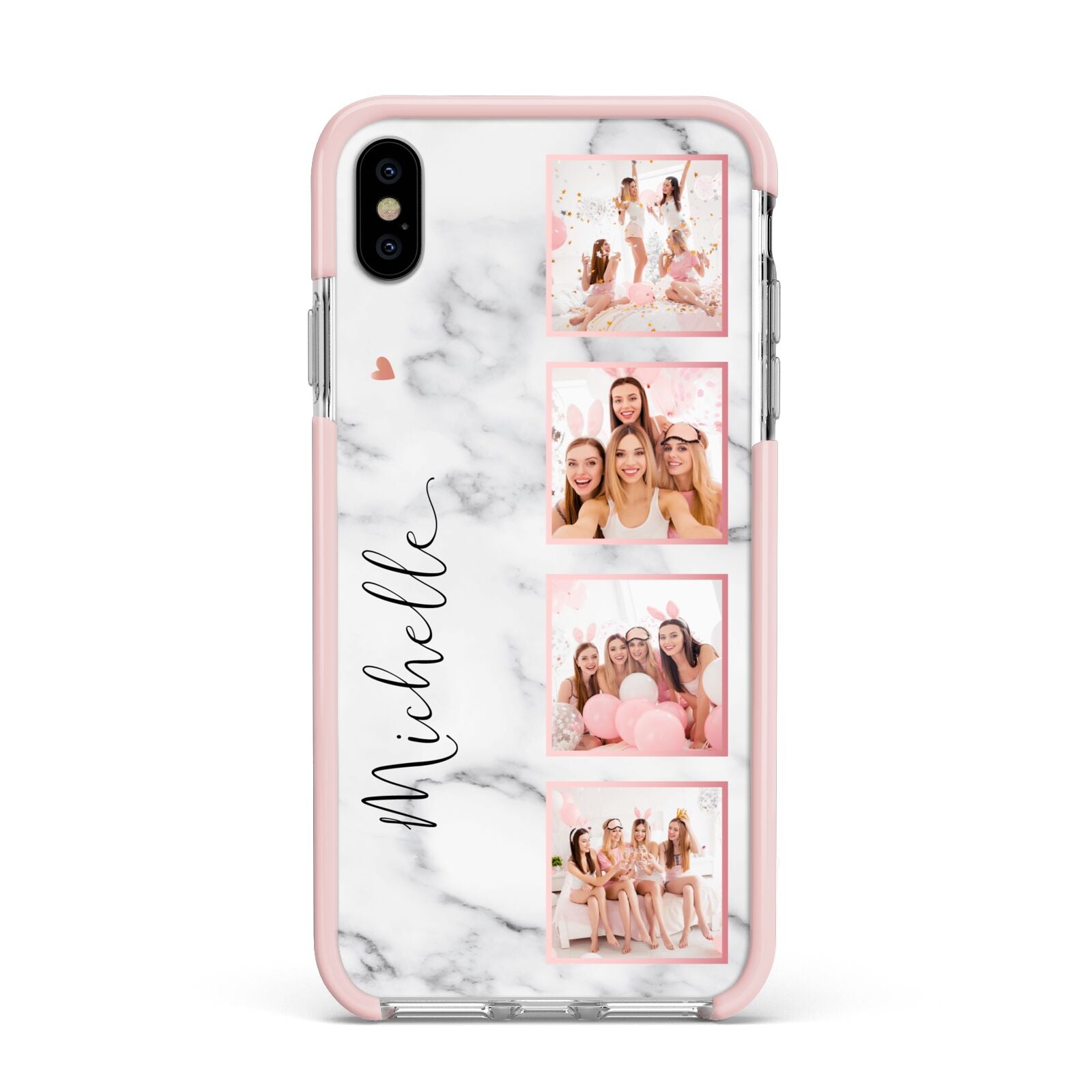 Marble Photo Strip Personalised Apple iPhone Xs Max Impact Case Pink Edge on Silver Phone