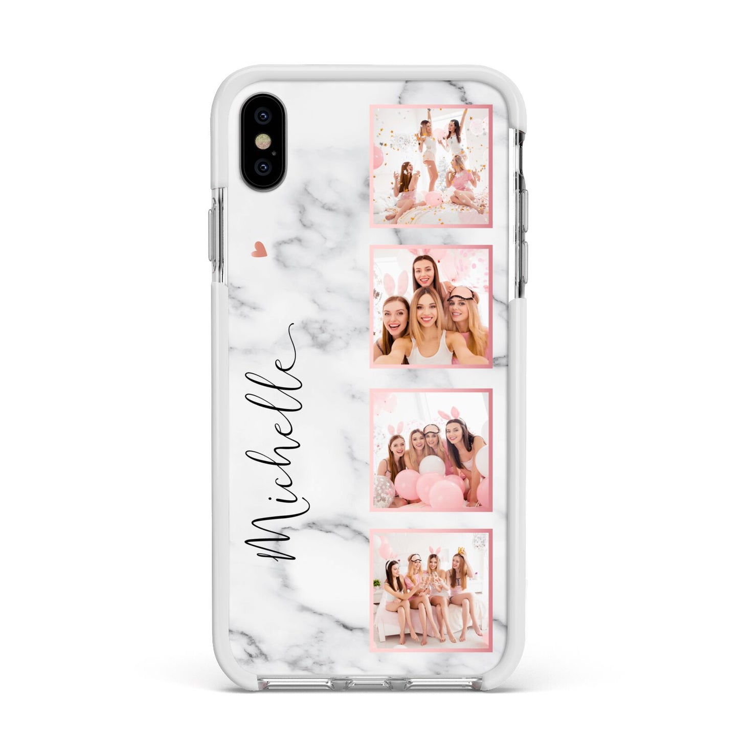 Marble Photo Strip Personalised Apple iPhone Xs Max Impact Case White Edge on Silver Phone