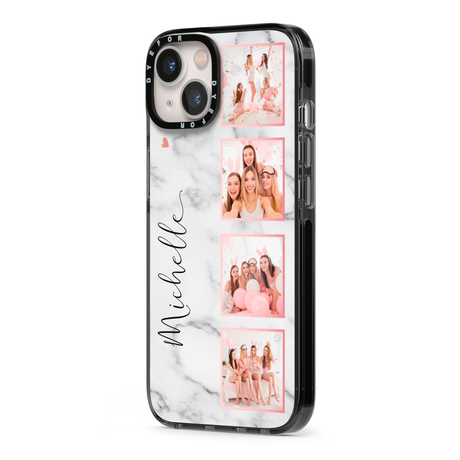 Marble Photo Strip Personalised iPhone 13 Black Impact Case Side Angle on Silver phone