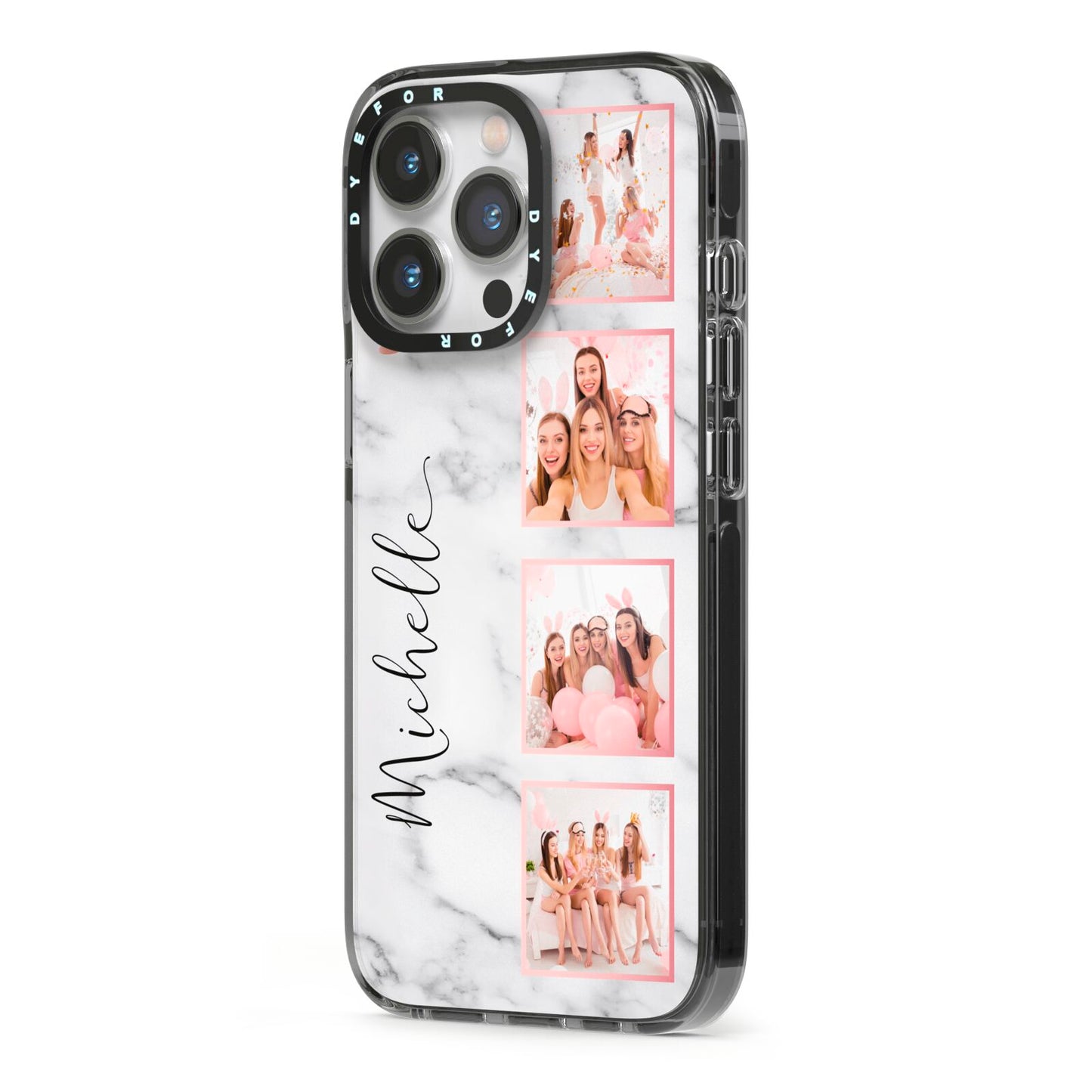 Marble Photo Strip Personalised iPhone 13 Pro Black Impact Case Side Angle on Silver phone