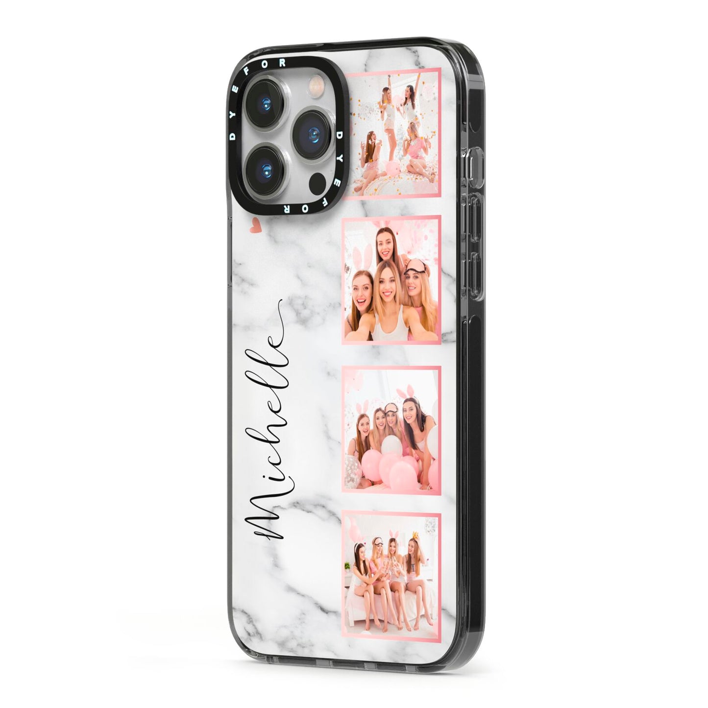 Marble Photo Strip Personalised iPhone 13 Pro Max Black Impact Case Side Angle on Silver phone