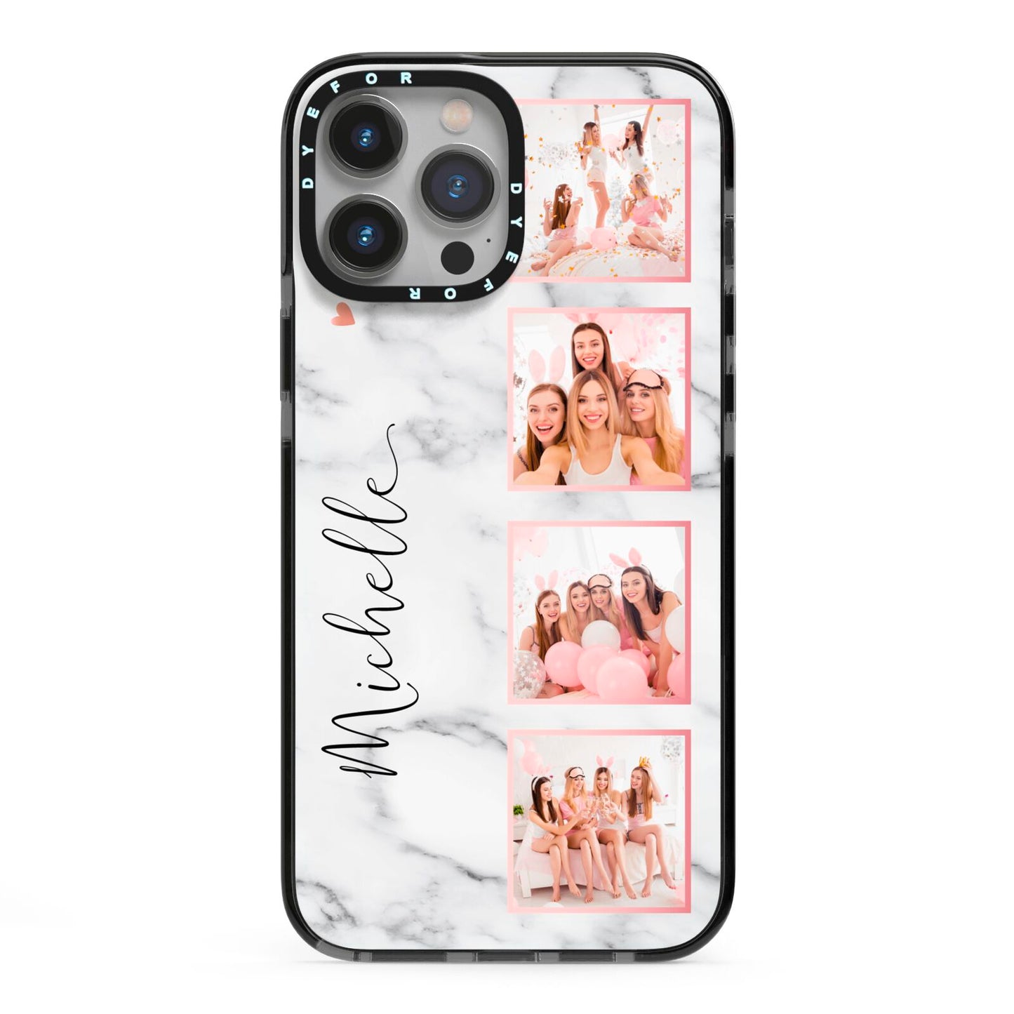 Marble Photo Strip Personalised iPhone 13 Pro Max Black Impact Case on Silver phone