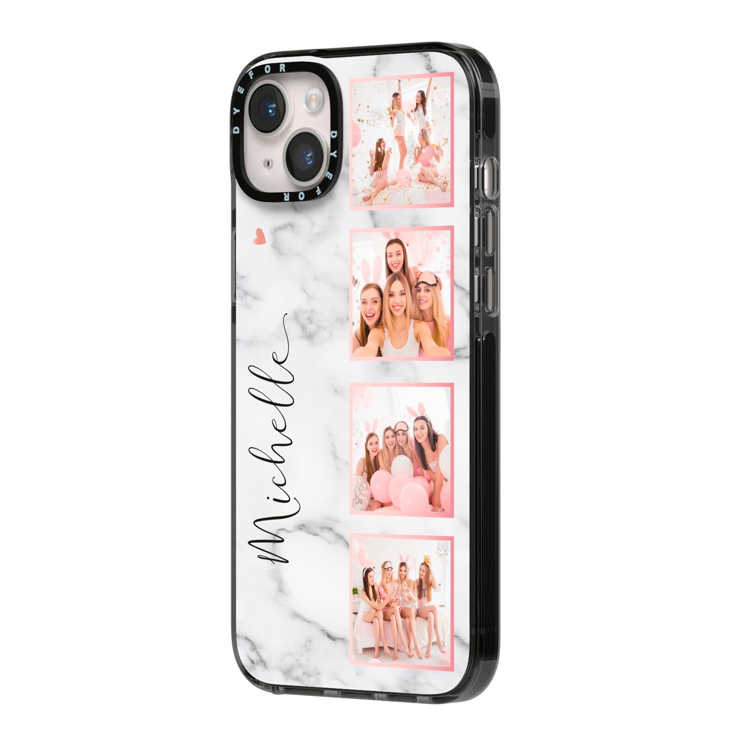 Marble Photo Strip Personalised iPhone 14 Plus Black Impact Case Side Angle on Silver phone