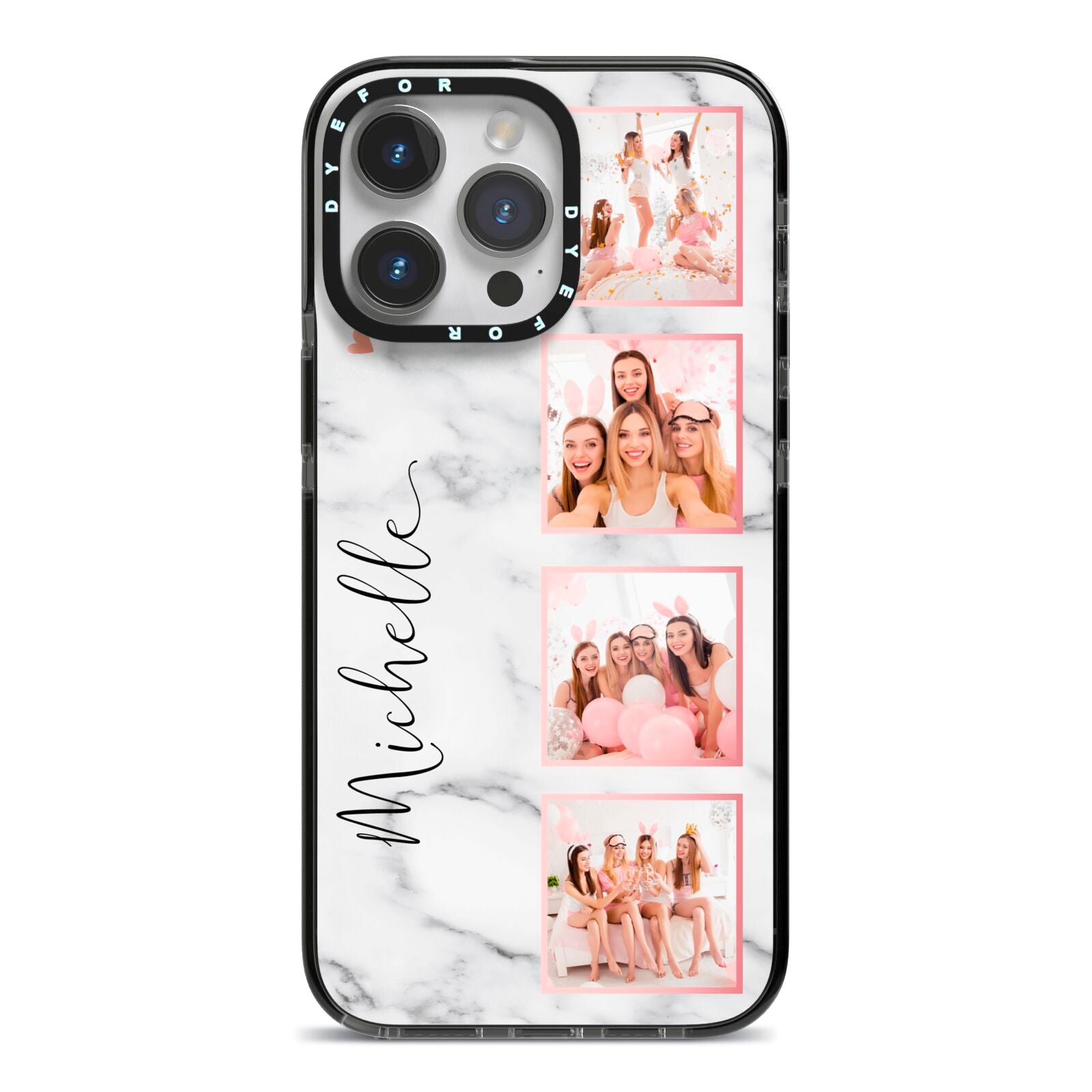 Marble Photo Strip Personalised iPhone 14 Pro Max Black Impact Case on Silver phone