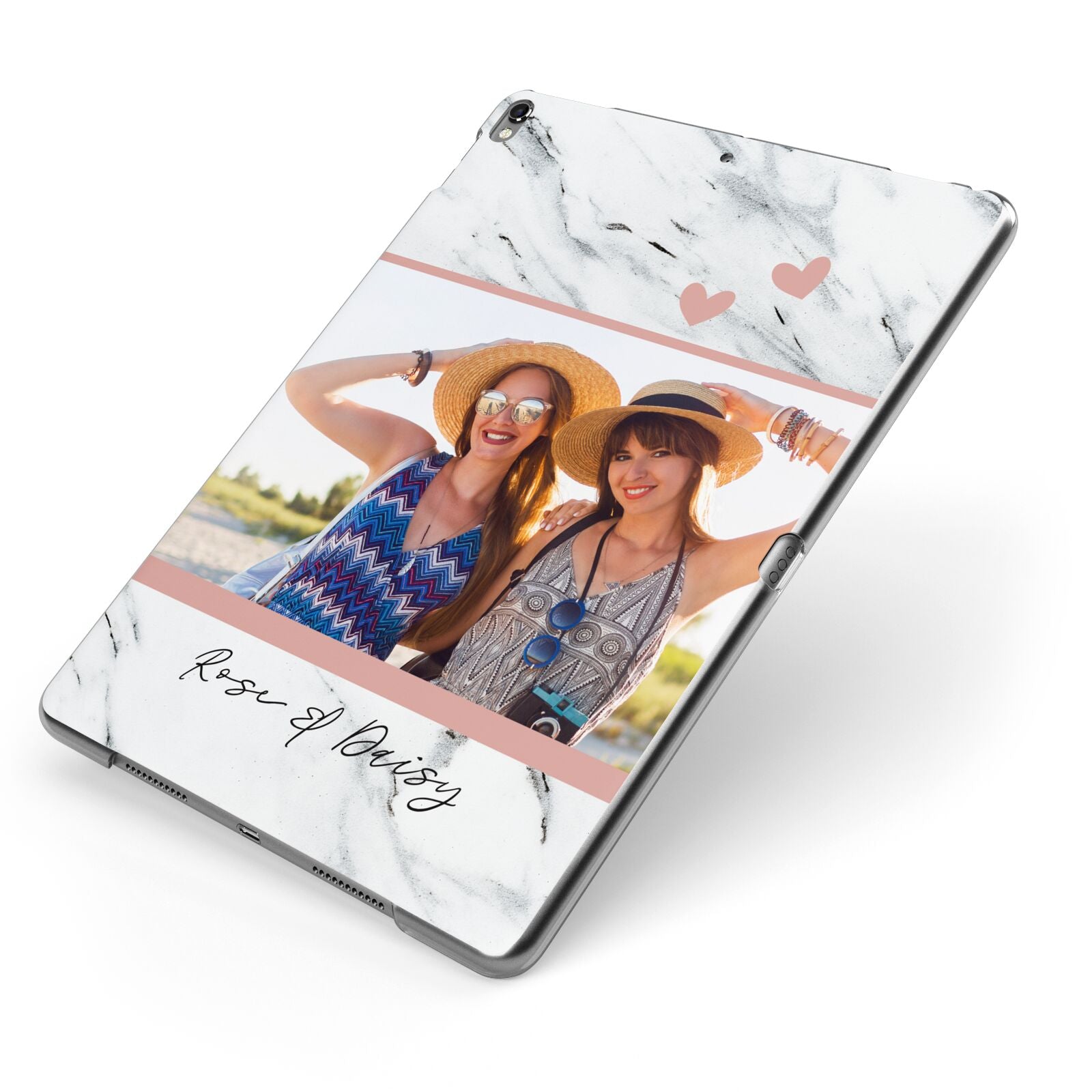 Marble Photo Upload with Text Apple iPad Case on Grey iPad Side View