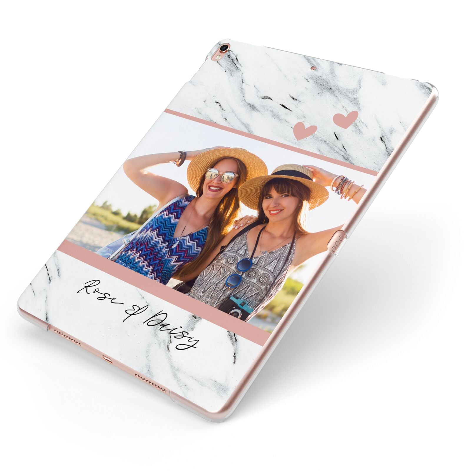 Marble Photo Upload with Text Apple iPad Case on Rose Gold iPad Side View