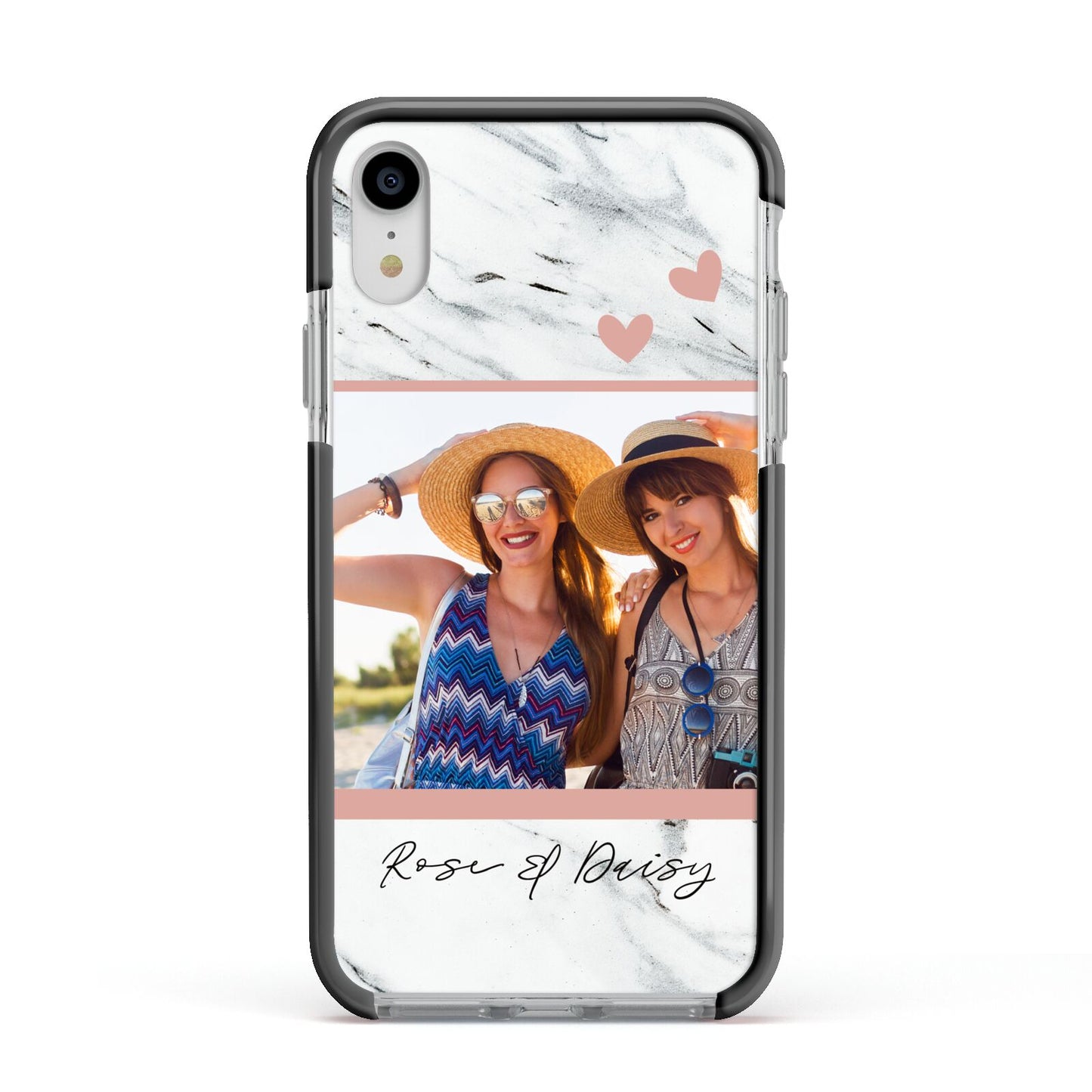 Marble Photo Upload with Text Apple iPhone XR Impact Case Black Edge on Silver Phone