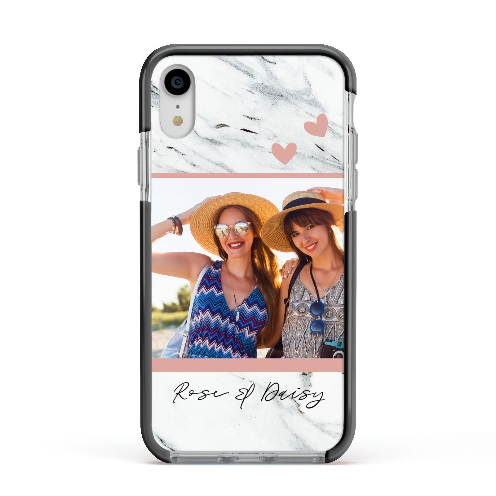 Marble Photo Upload with Text Apple iPhone XR Impact Case Black Edge on Silver Phone