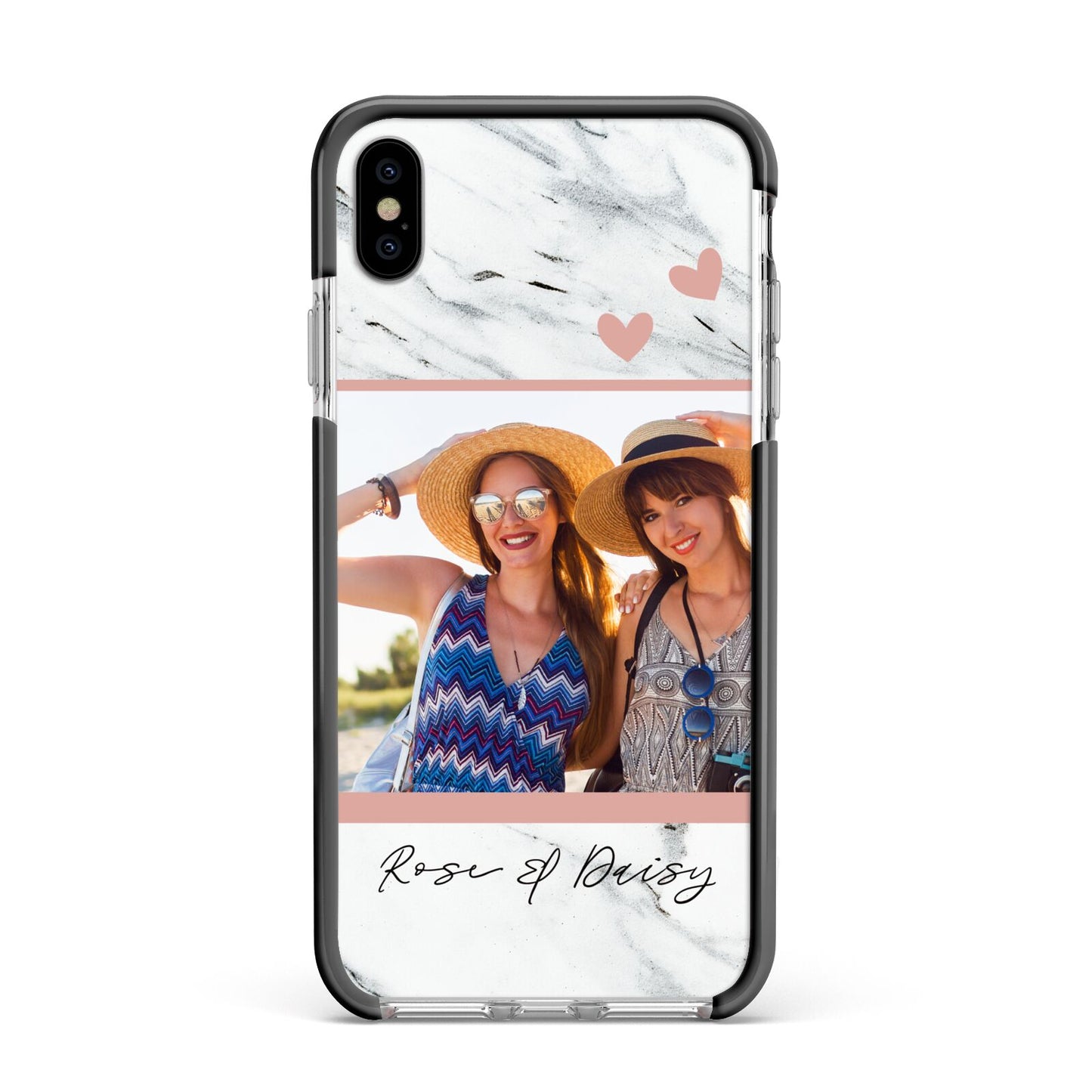Marble Photo Upload with Text Apple iPhone Xs Max Impact Case Black Edge on Silver Phone