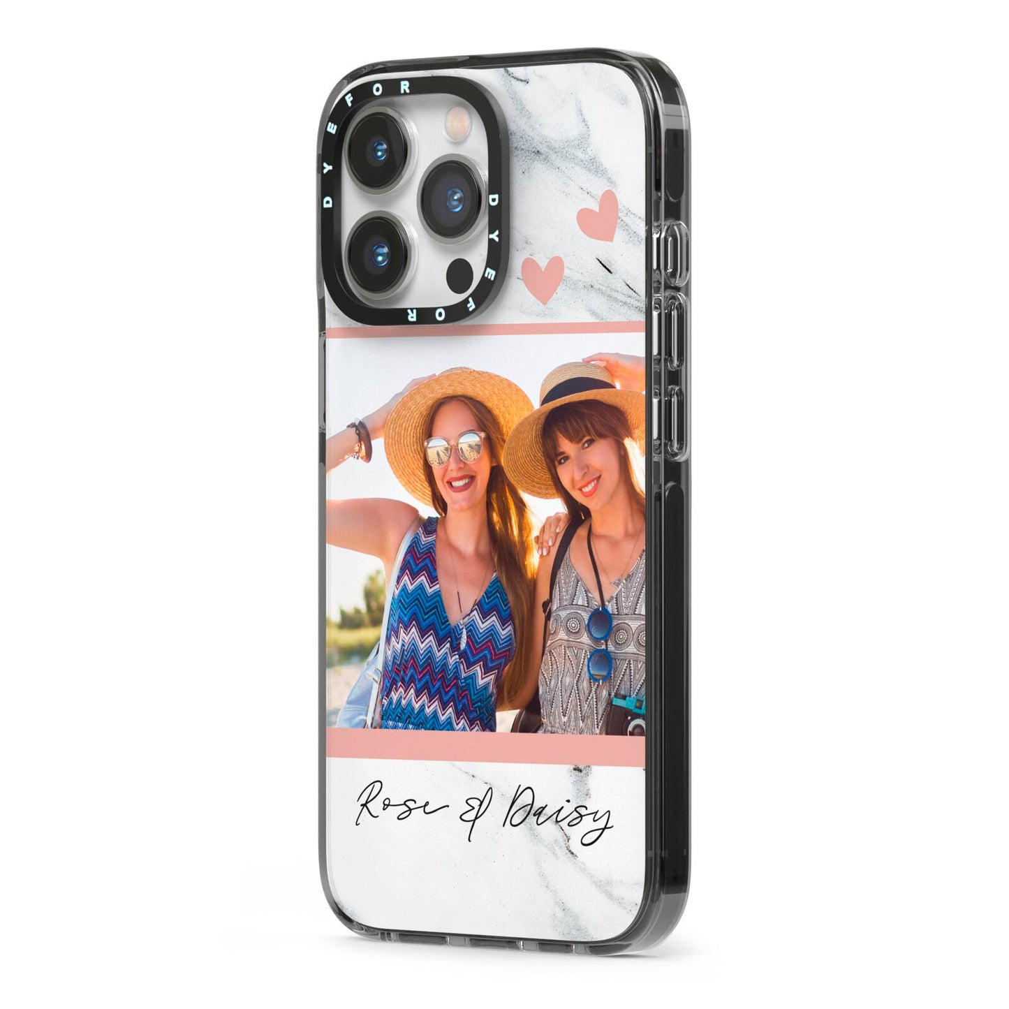 Marble Photo Upload with Text iPhone 13 Pro Black Impact Case Side Angle on Silver phone