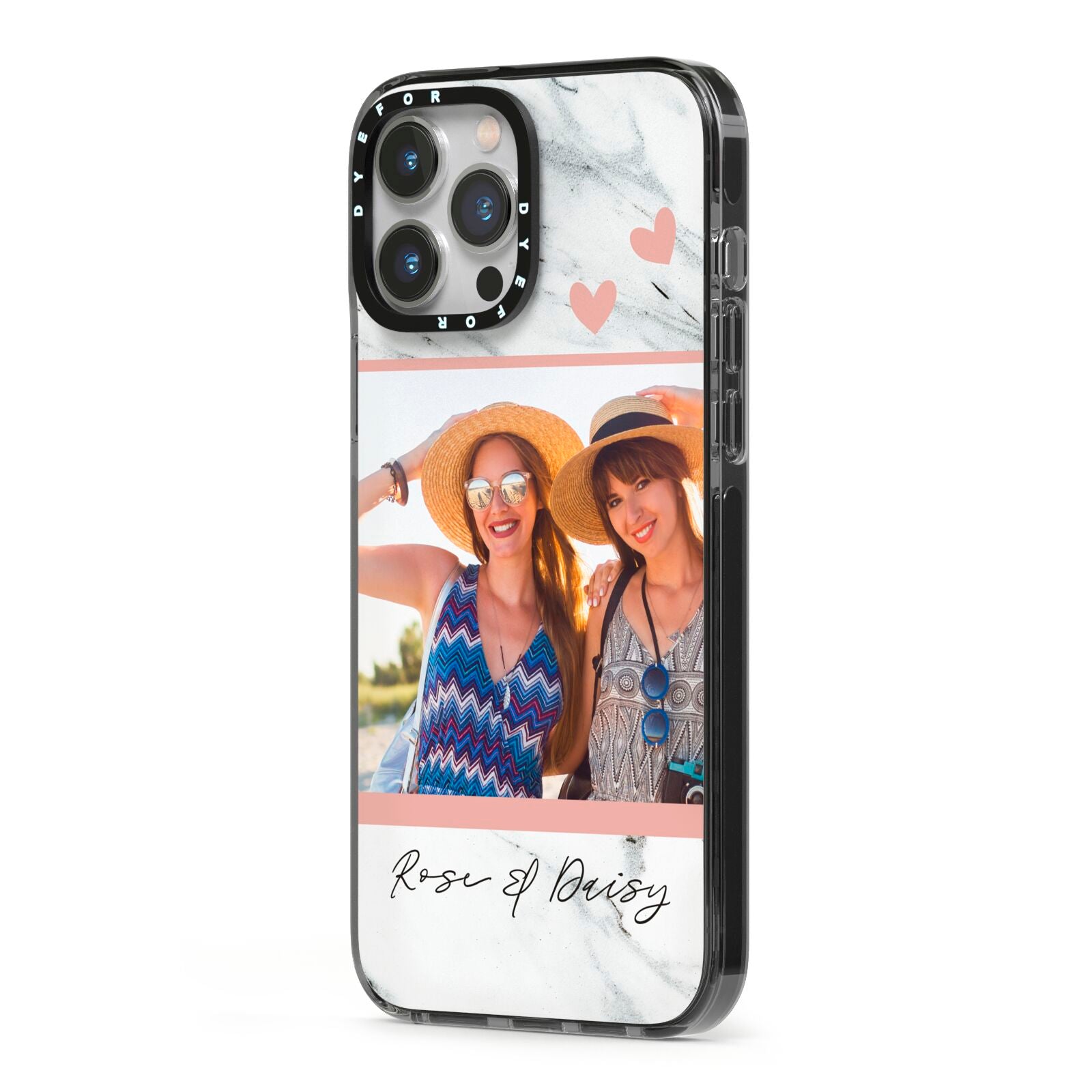 Marble Photo Upload with Text iPhone 13 Pro Max Black Impact Case Side Angle on Silver phone