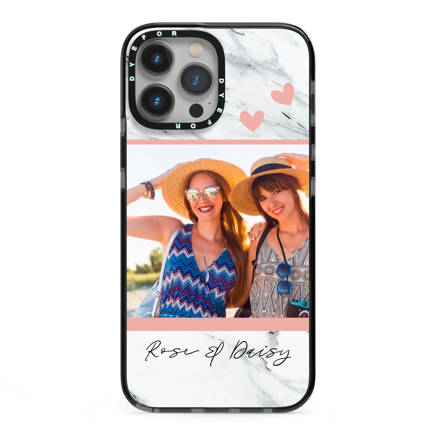 Marble Photo Upload with Text iPhone 13 Pro Max Black Impact Case on Silver phone