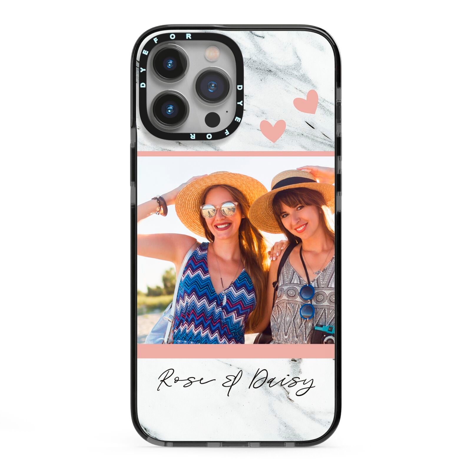 Marble Photo Upload with Text iPhone 13 Pro Max Black Impact Case on Silver phone