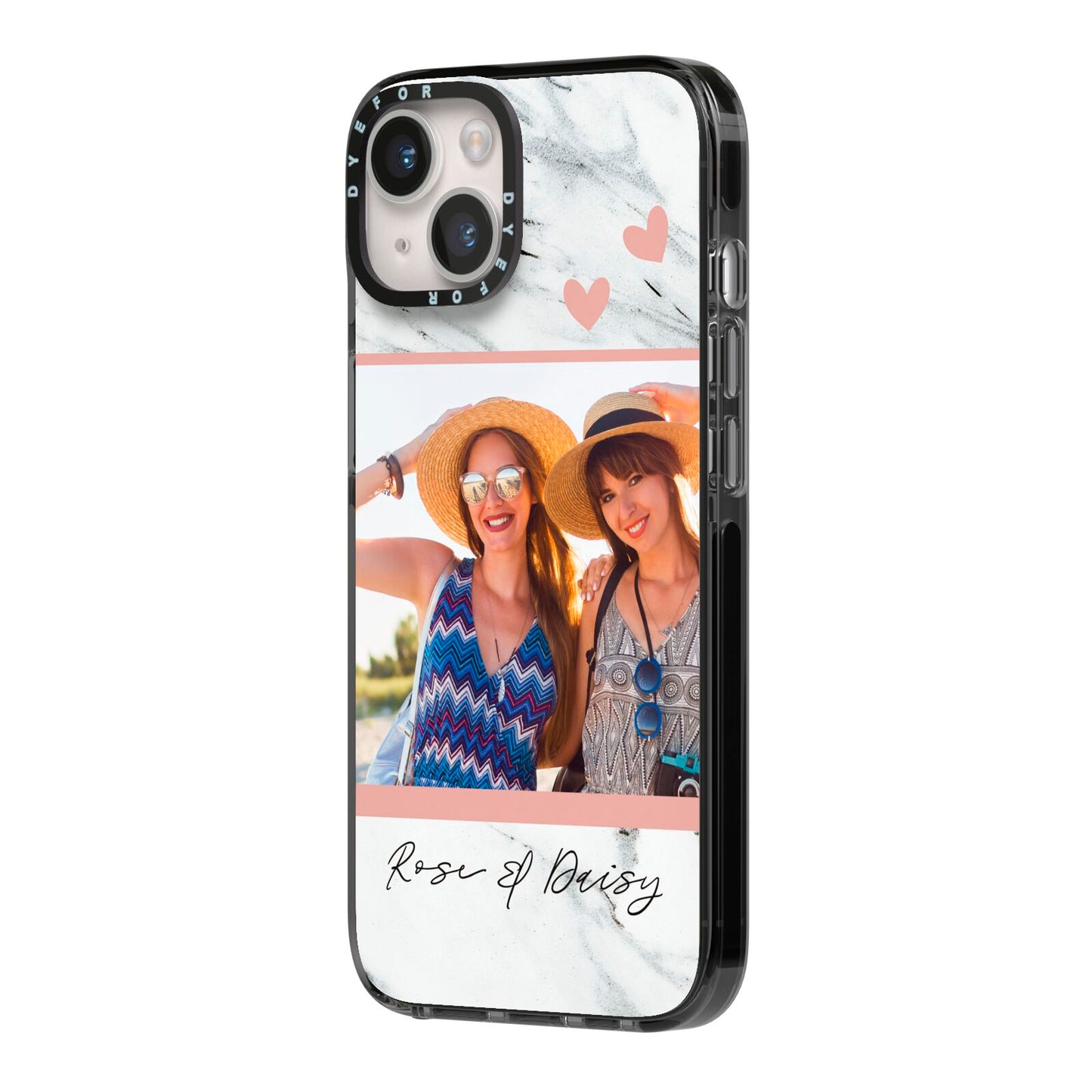 Marble Photo Upload with Text iPhone 14 Black Impact Case Side Angle on Silver phone