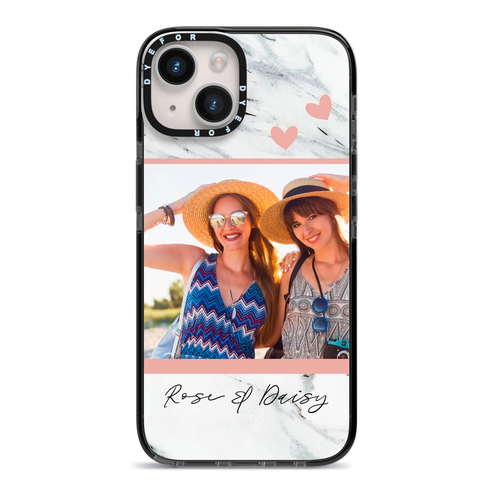 Marble Photo Upload with Text iPhone 14 Black Impact Case on Silver phone