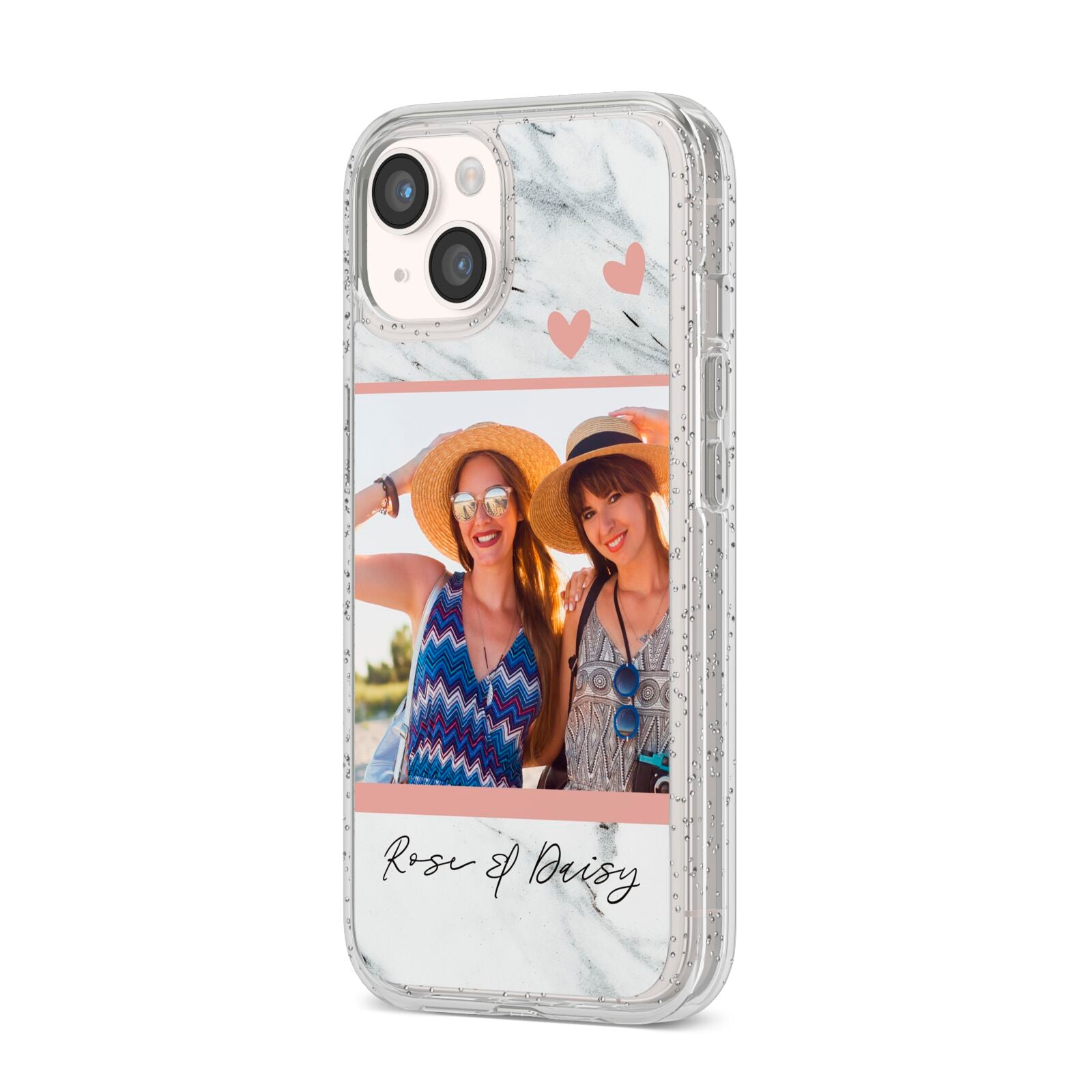 Marble Photo Upload with Text iPhone 14 Glitter Tough Case Starlight Angled Image