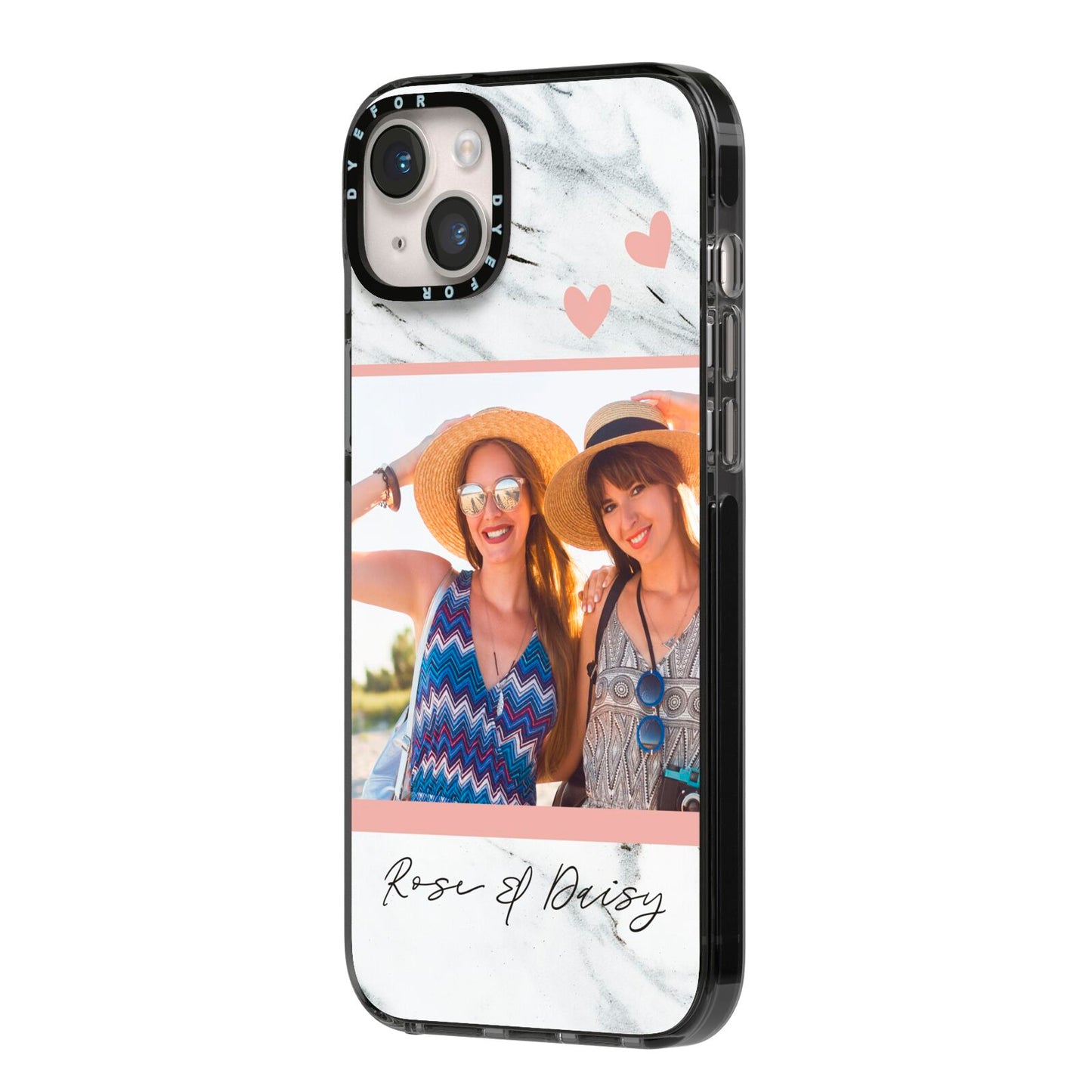 Marble Photo Upload with Text iPhone 14 Plus Black Impact Case Side Angle on Silver phone