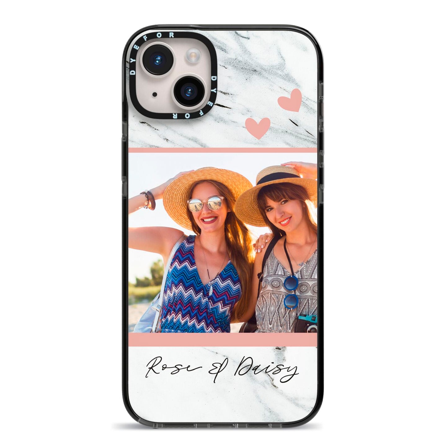 Marble Photo Upload with Text iPhone 14 Plus Black Impact Case on Silver phone